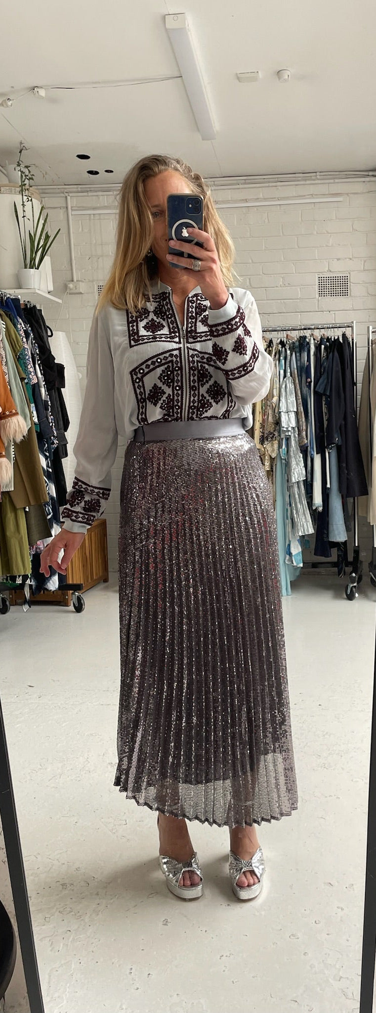 Flannel silk top, sequin skirt set size 3/12