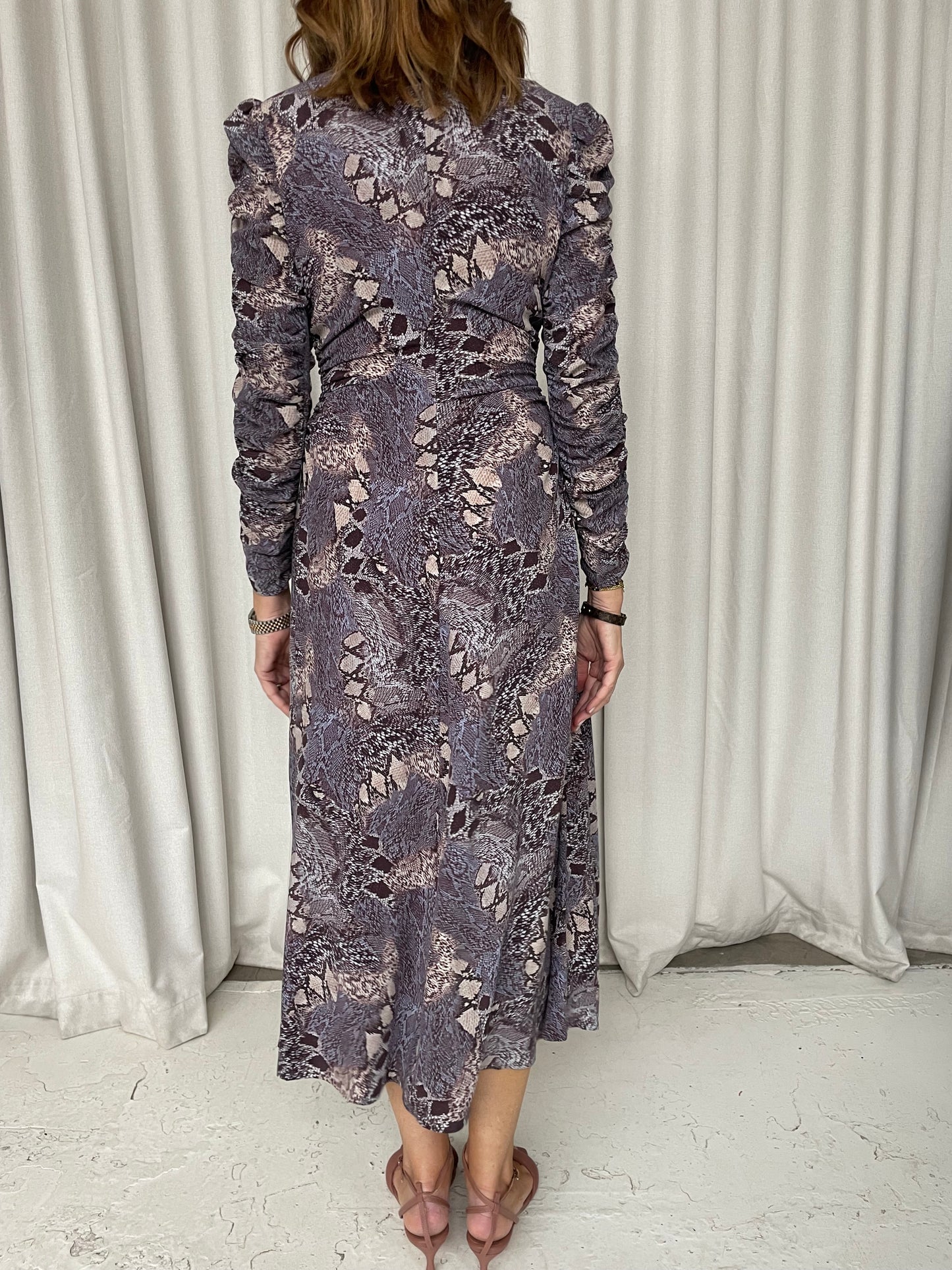 Husk snakeskin print silk ruched side midi dress 6-8