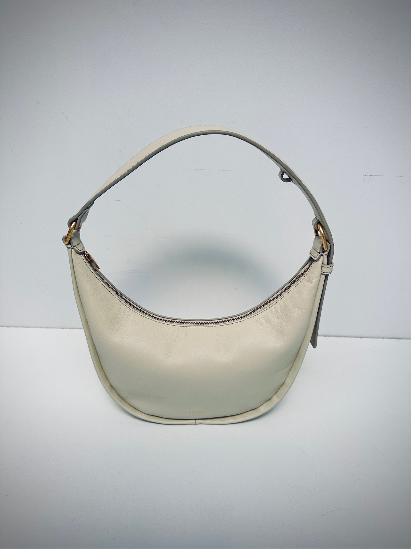 Oroton leather round shoulder bag in ecru