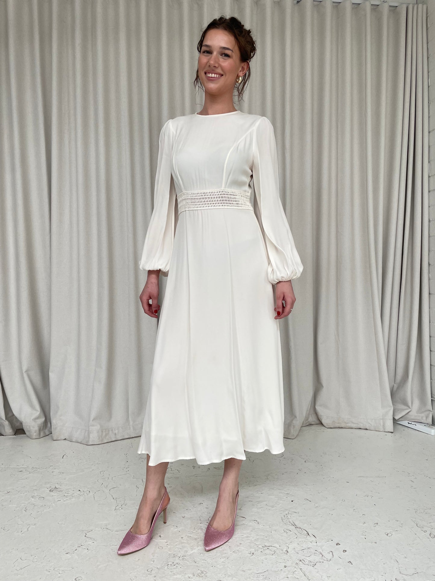 Long sleeve white viscose Blouson sleeve midi dress by Zimmermann sz 1