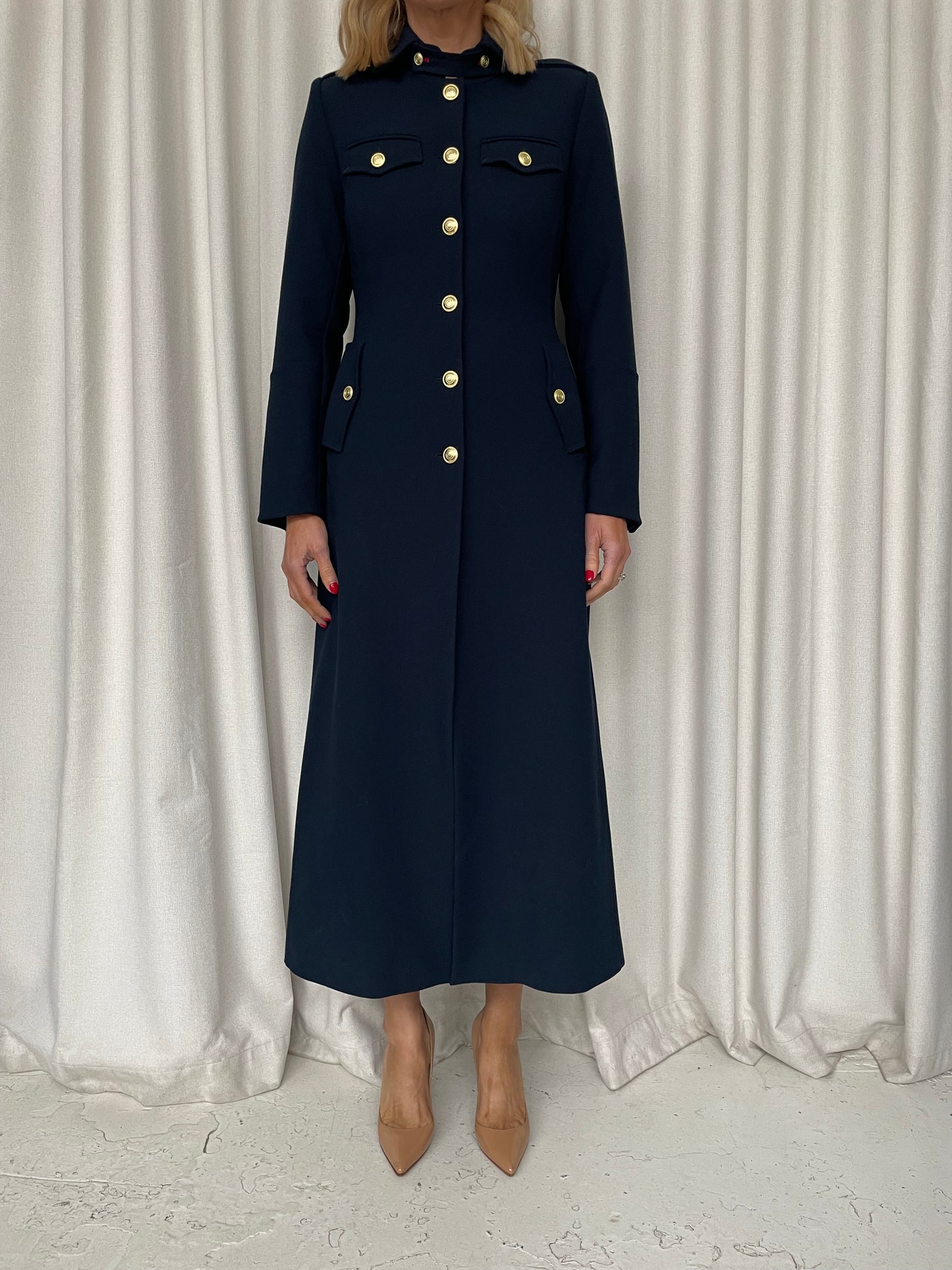 Karen Millen navy stretch military maxi coat sz UK 6 (6-8) new with tags