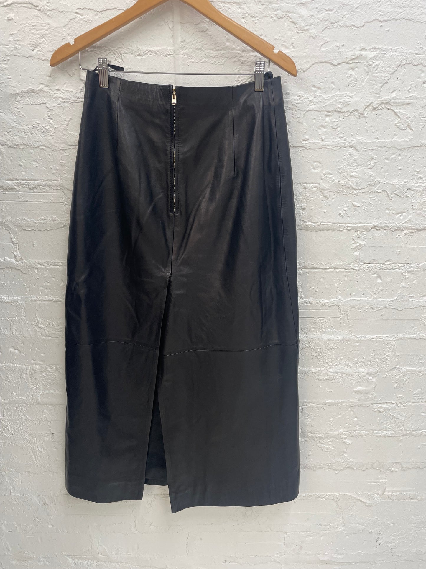 Black leather Scanlan Theodore midi pencil skirt Sz 10