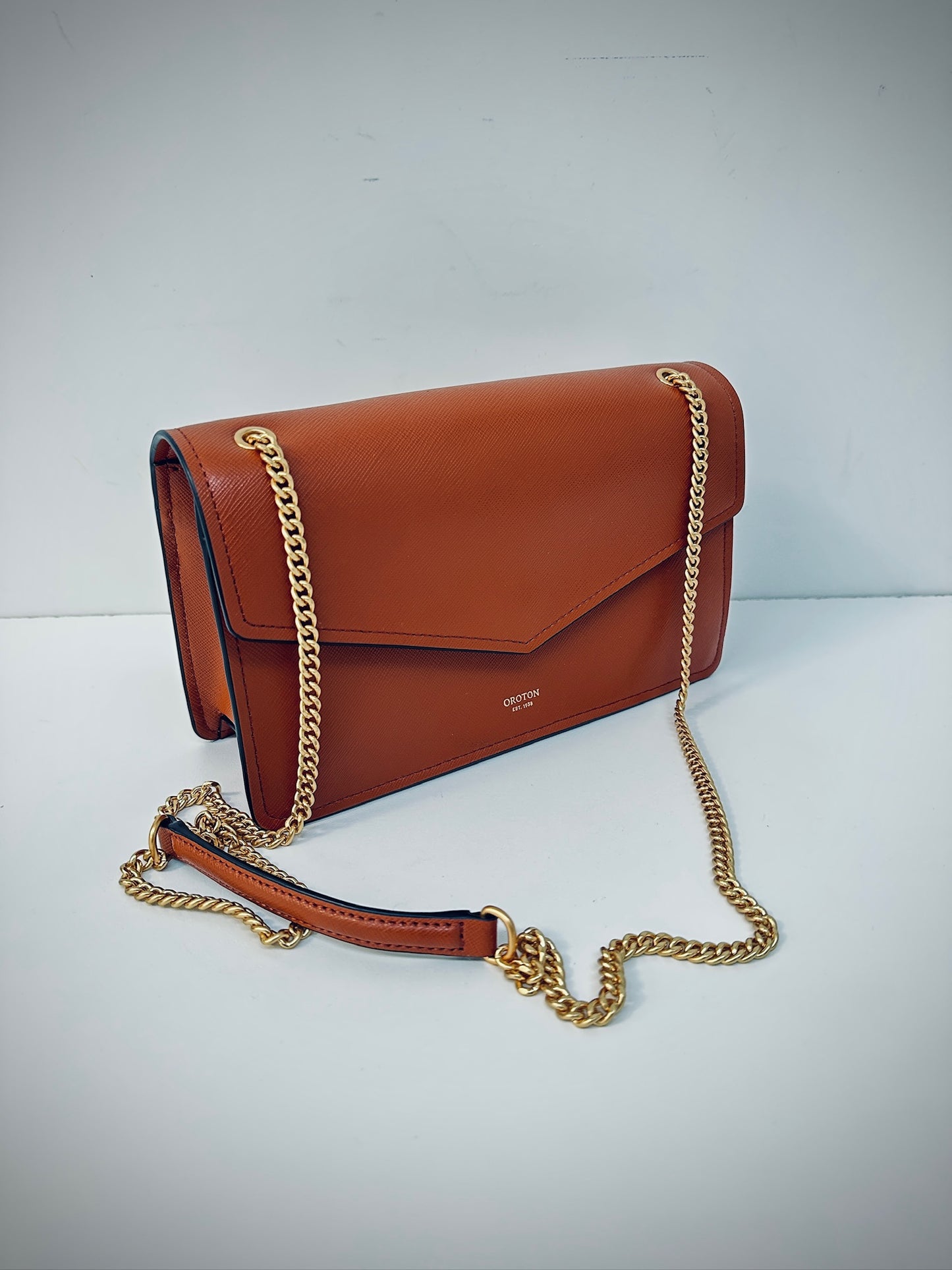 Oroton tan saffiano leather gold chain flap bag