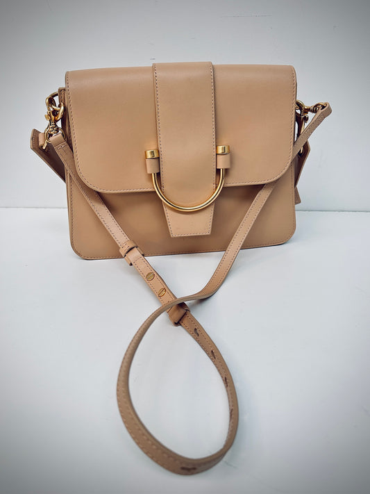 Oroton leather crossbody bag in caramel colour