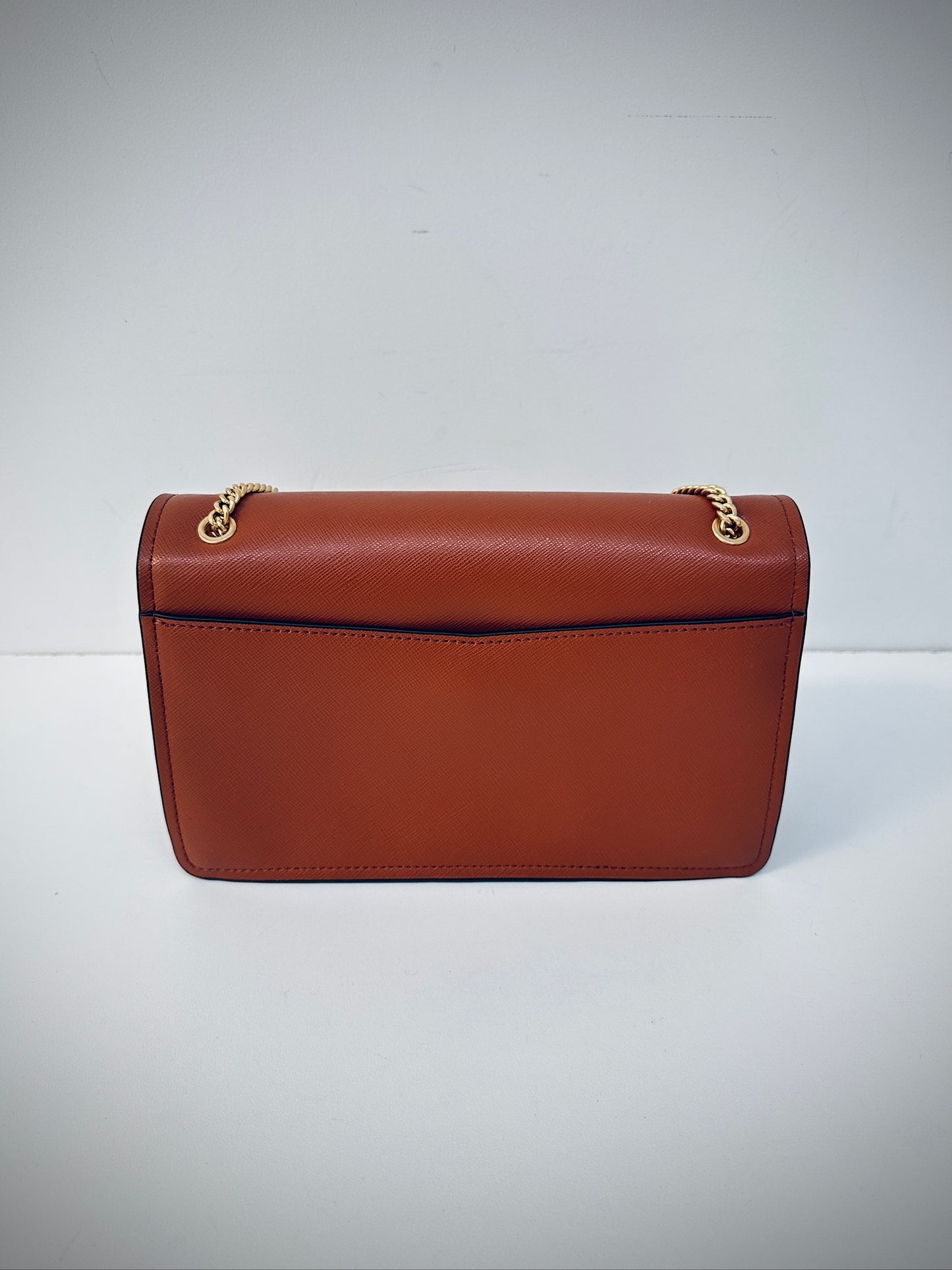 Oroton tan saffiano leather gold chain flap bag