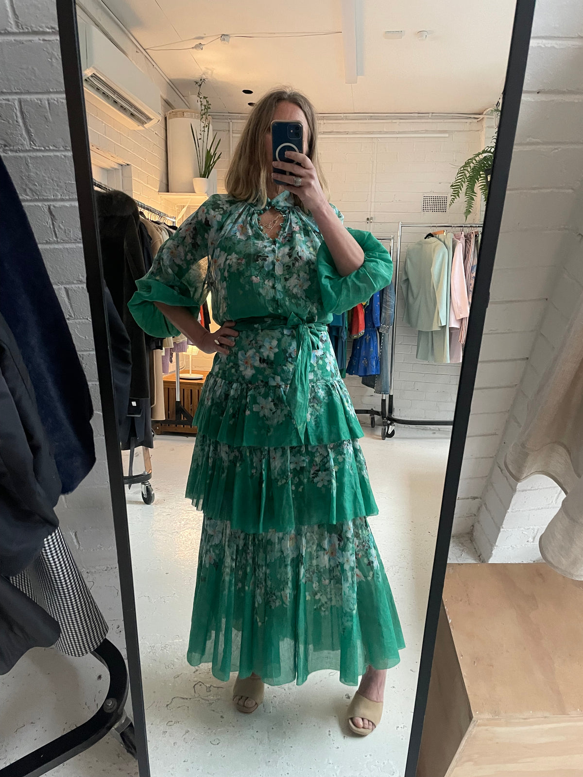 Zimmermann green floral Ramie skirt and blouse set Sz 4 & 3