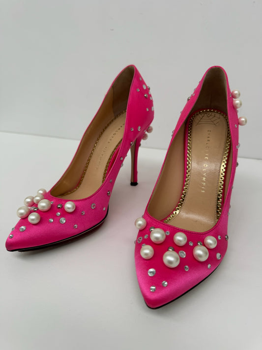 Charlotte Olympia pink satin pearl detail pumps 39