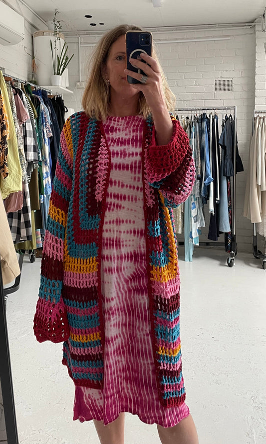 Farm Rio colourful crochet long cardi cotton XL
