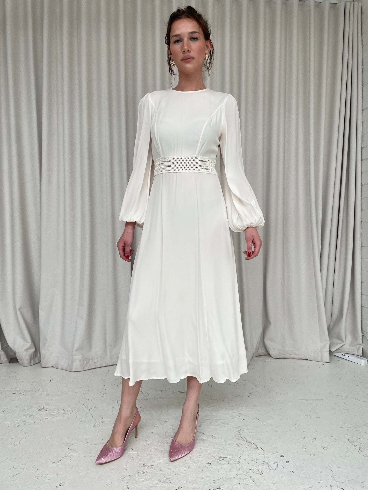 Long sleeve white viscose Blouson sleeve midi dress by Zimmermann sz 1