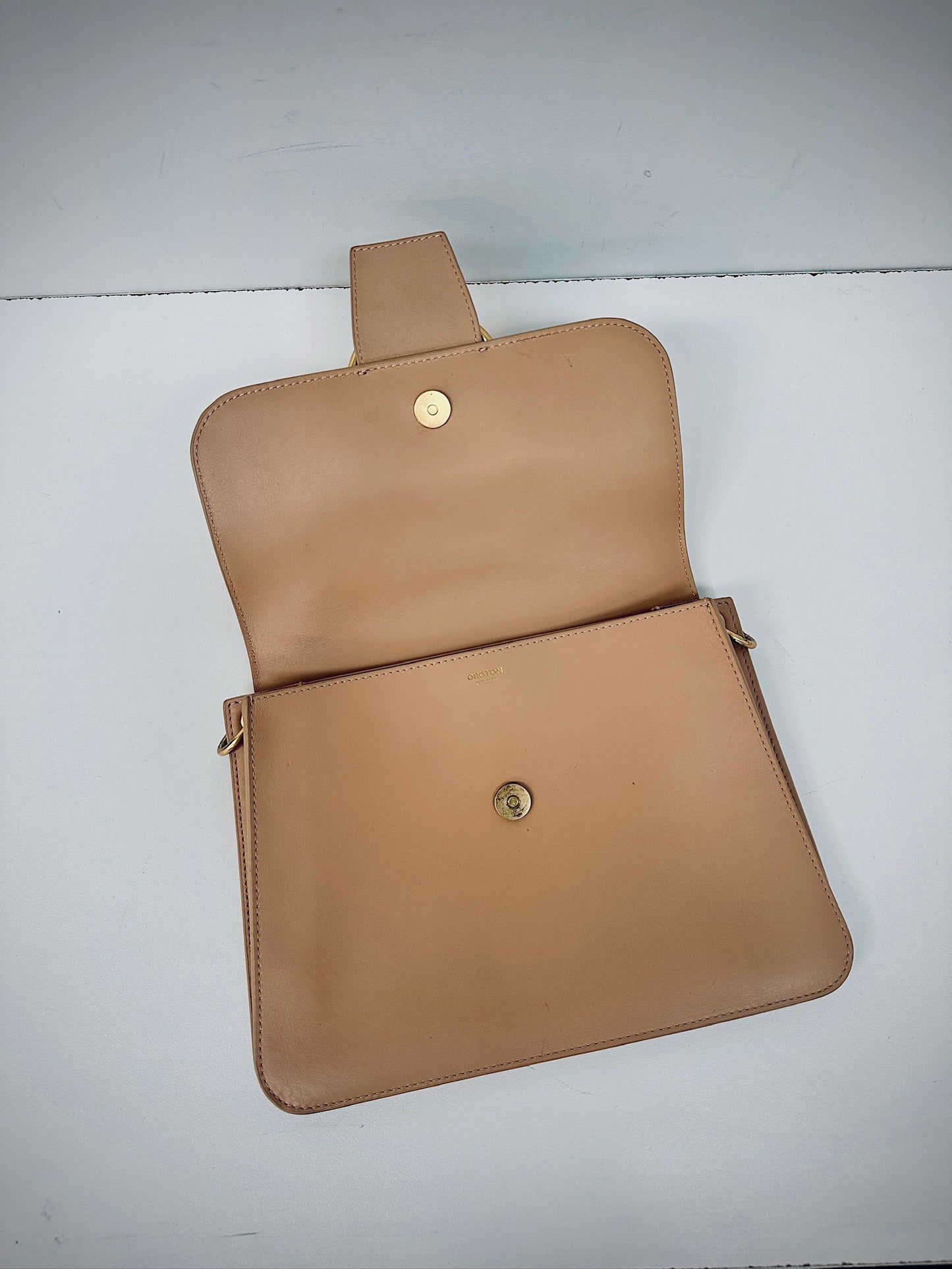 Oroton leather crossbody bag in caramel colour