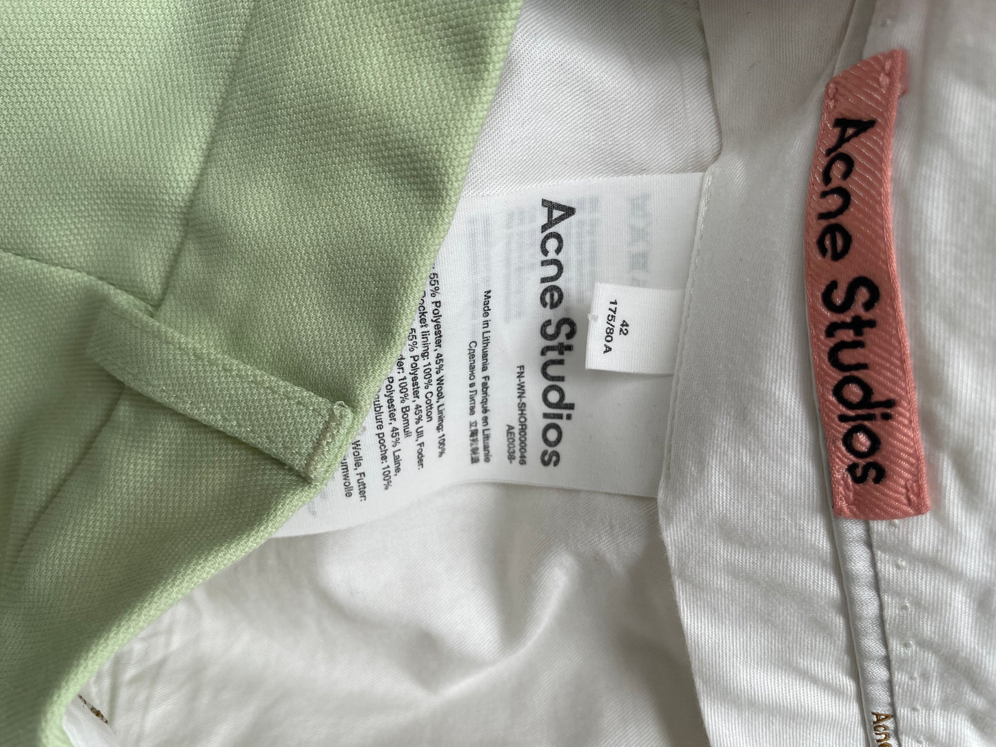 Lime green Acne Studios long wide leg shorts 42