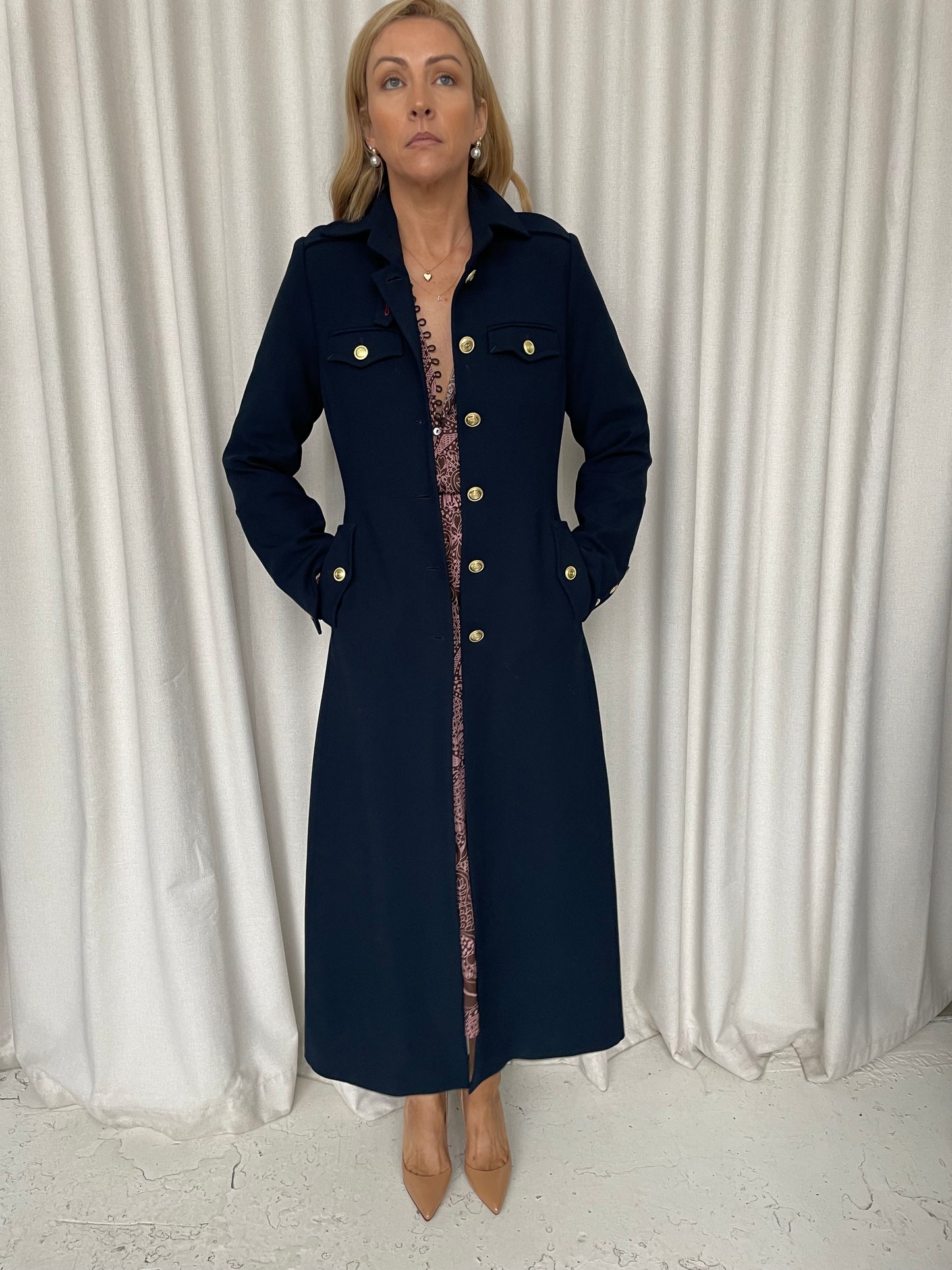 Karen Millen navy stretch military maxi coat sz UK 6 (6-8) new with tags