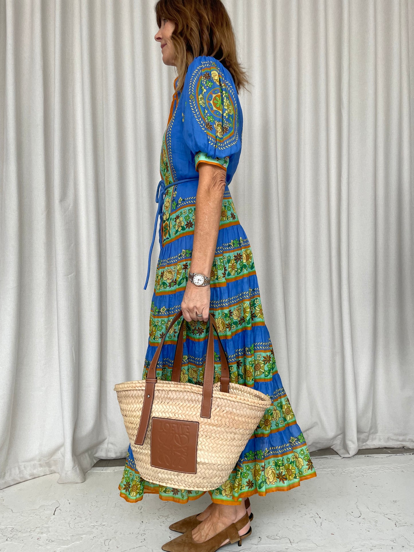 Alemais blue green ramie tiered maxi dress sz 6 (6-10)