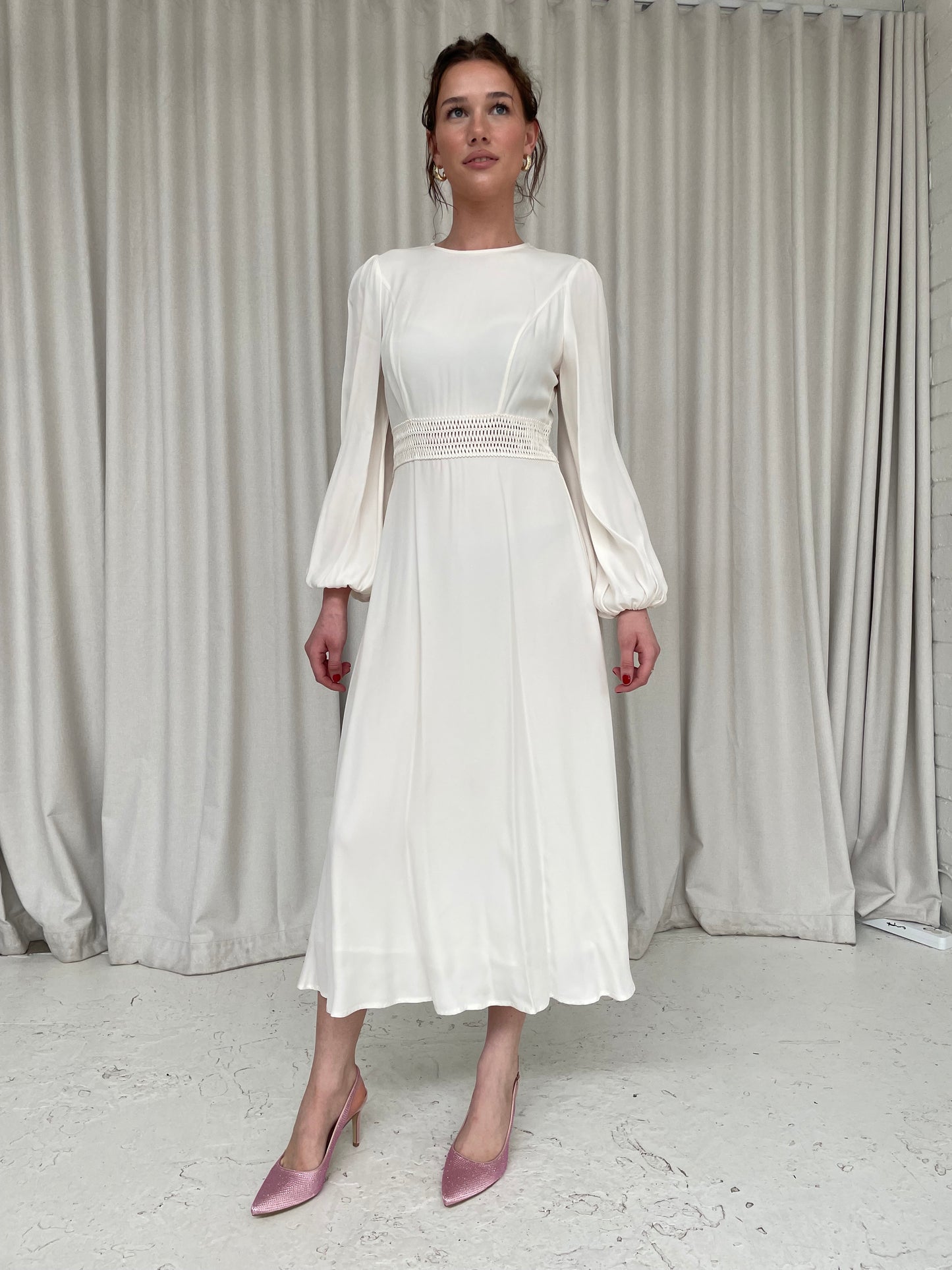 Long sleeve white viscose Blouson sleeve midi dress by Zimmermann sz 1