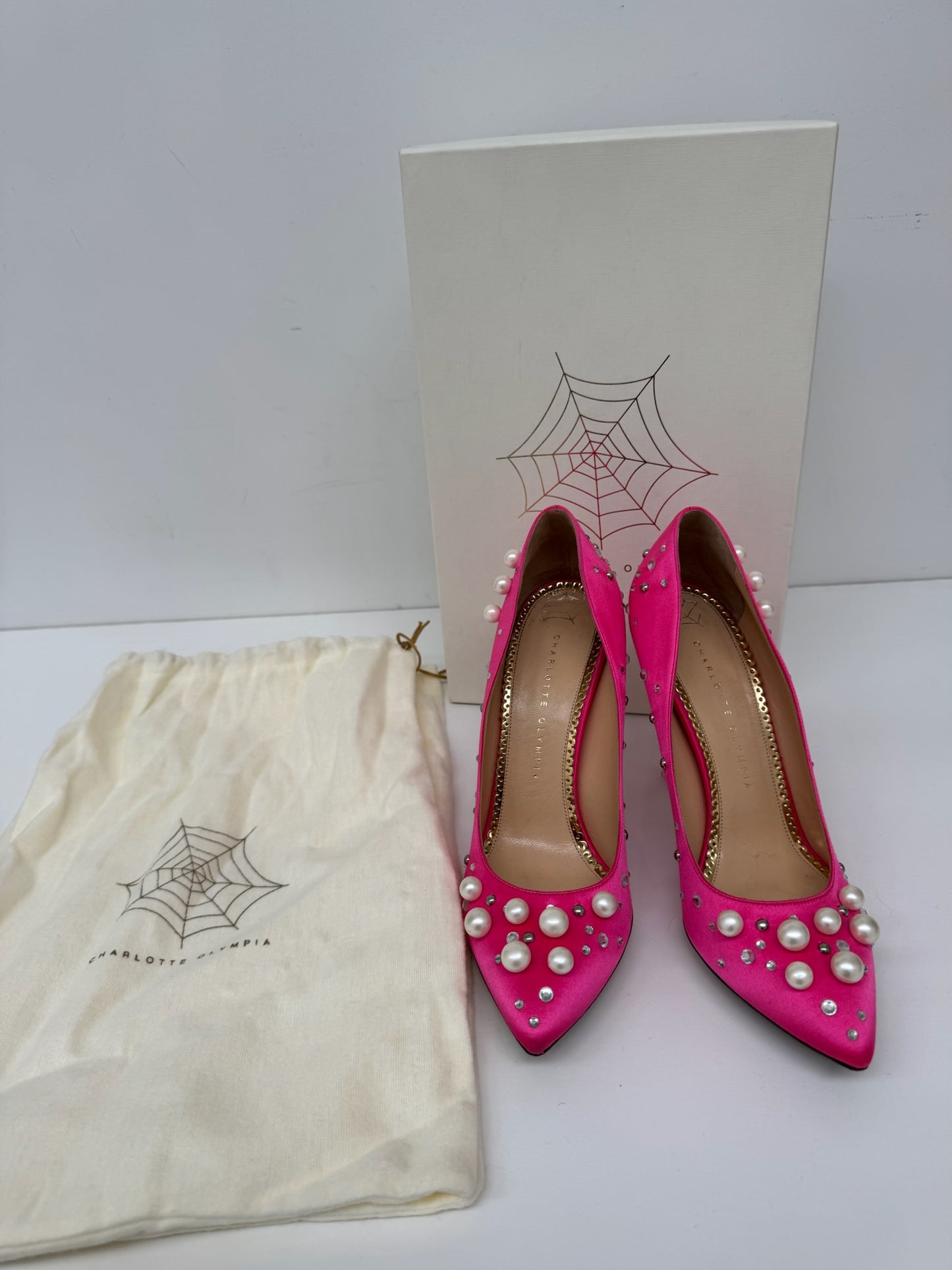 Charlotte Olympia pink satin pearl detail pumps 39