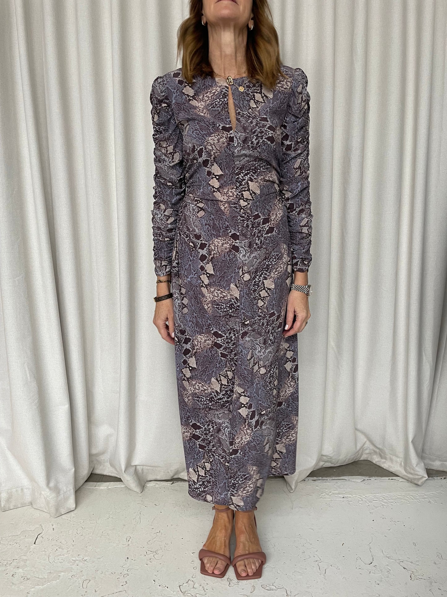 Husk snakeskin print silk ruched side midi dress 6-8