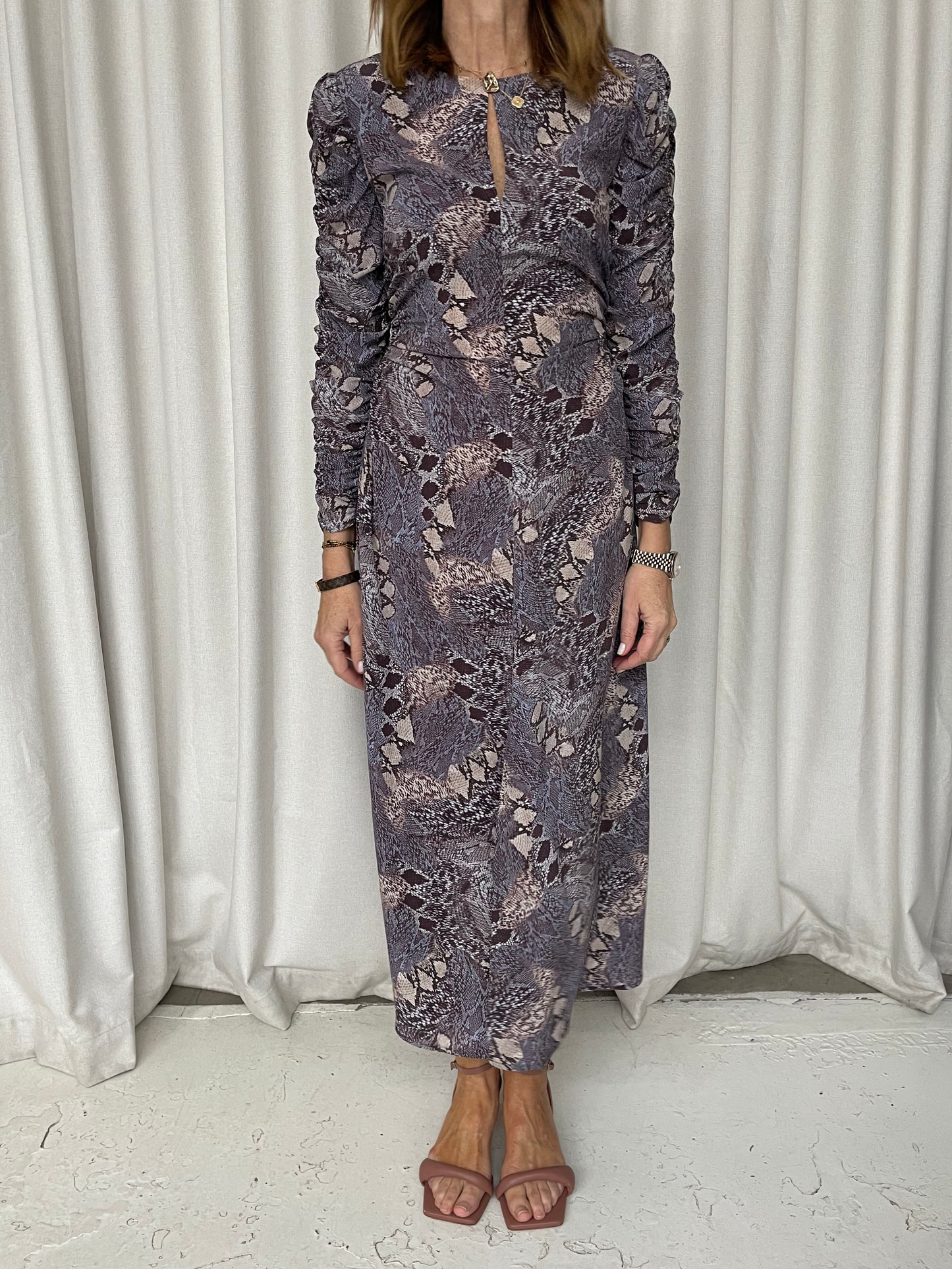 Husk snakeskin print silk ruched side midi dress 6-8
