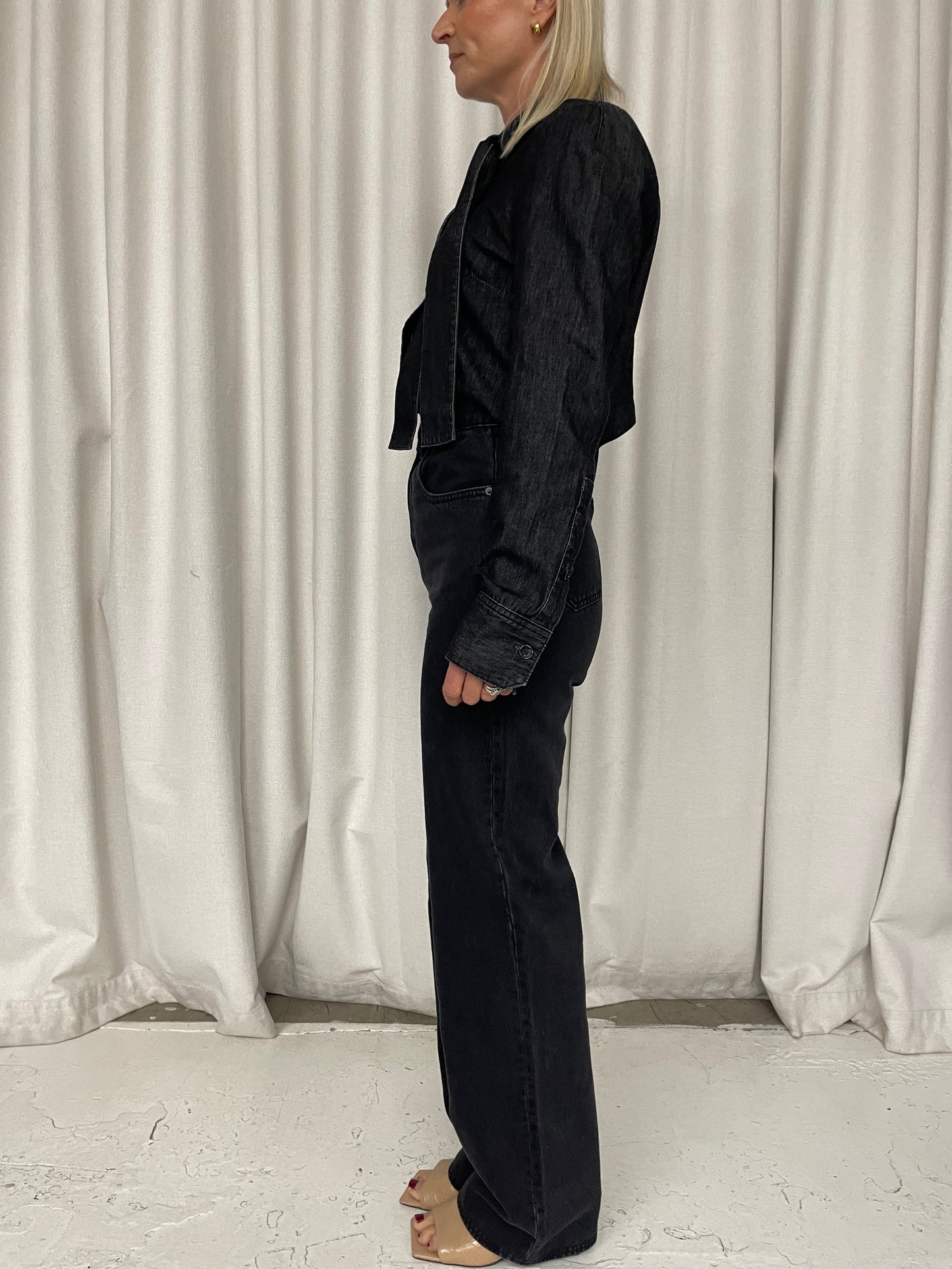 Scanlan Theodore washed black denim shirt with neck tie Sz 6 (6-8)