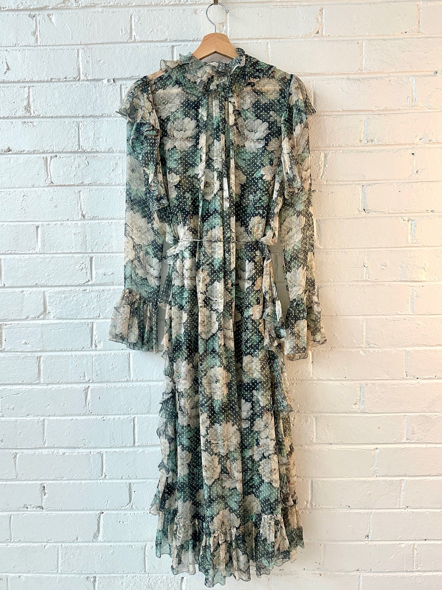 Zimmermann silk sheer ruffle bowerbird floral midi dress sz 0