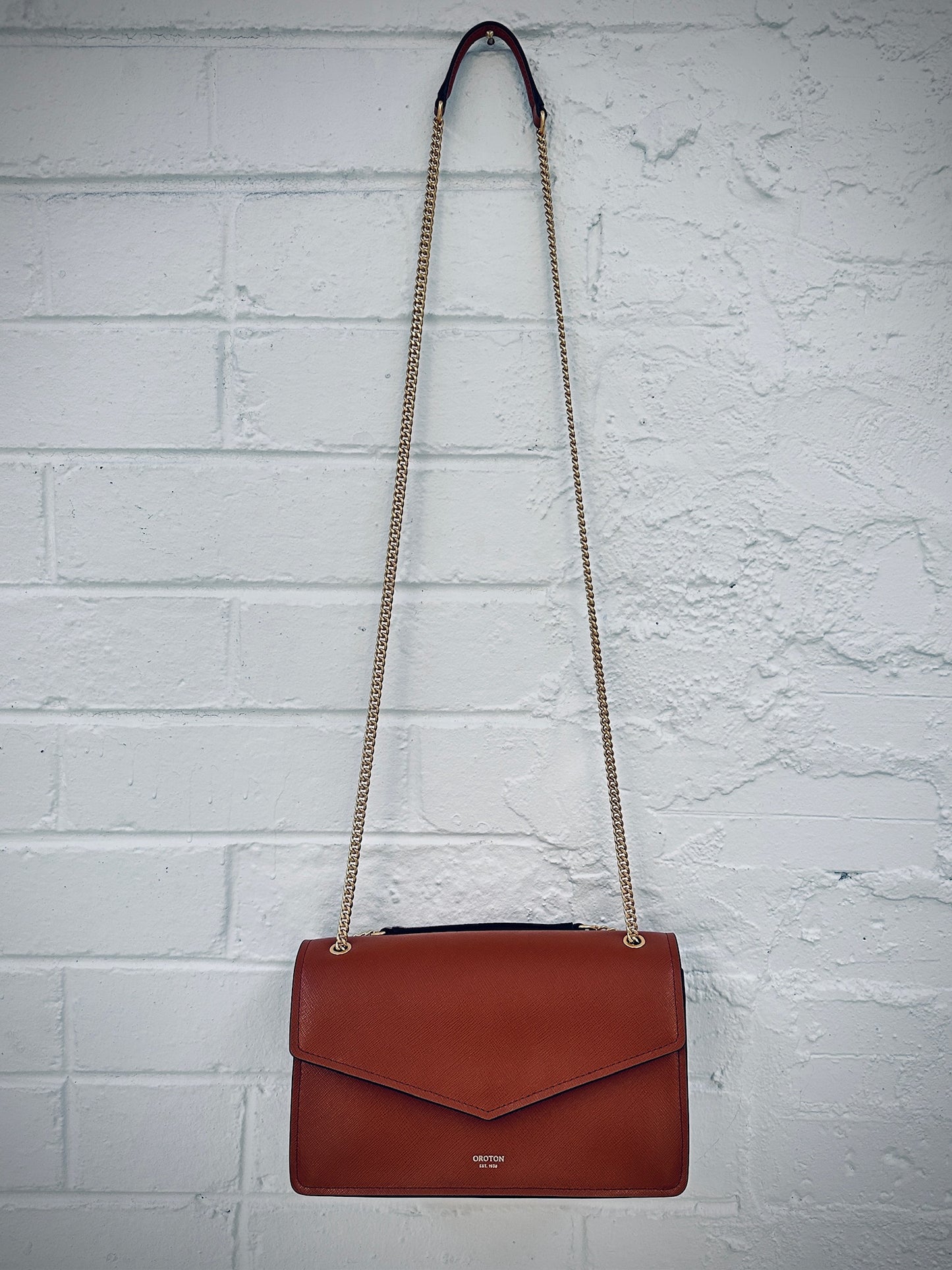 Oroton tan saffiano leather gold chain flap bag