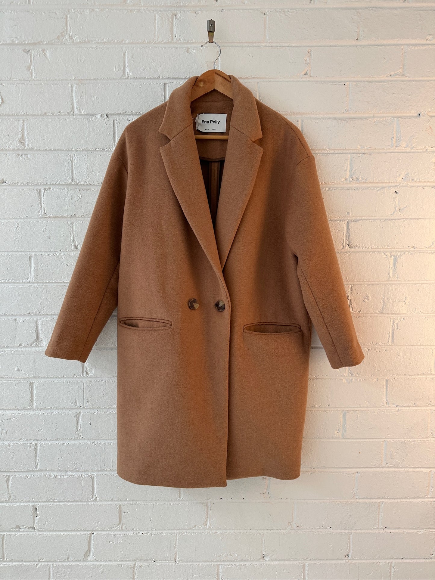 Ena Pelly wool blend tan mid length coat 8