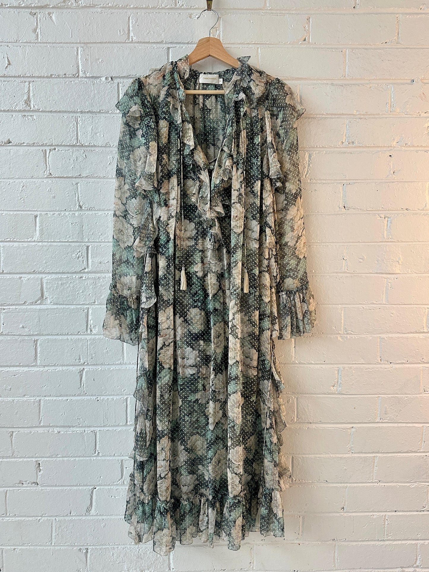 Zimmermann silk sheer ruffle bowerbird floral midi dress sz 0