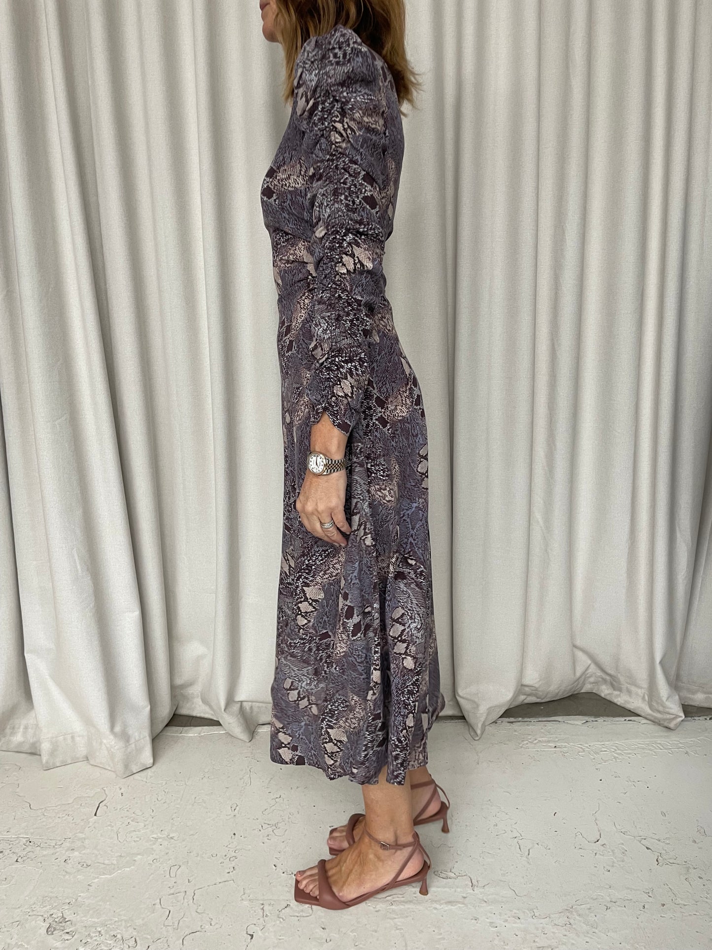 Husk snakeskin print silk ruched side midi dress 6-8