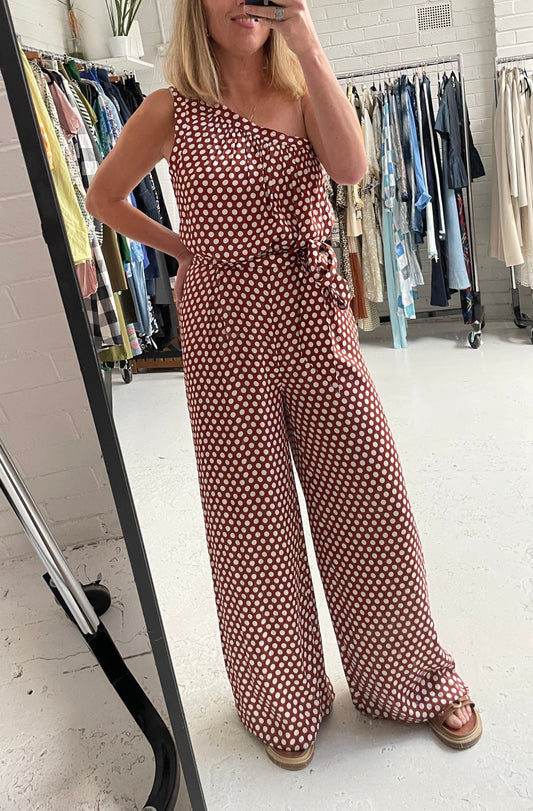 Witchery poly polka dot tan jumpsuit sz 12