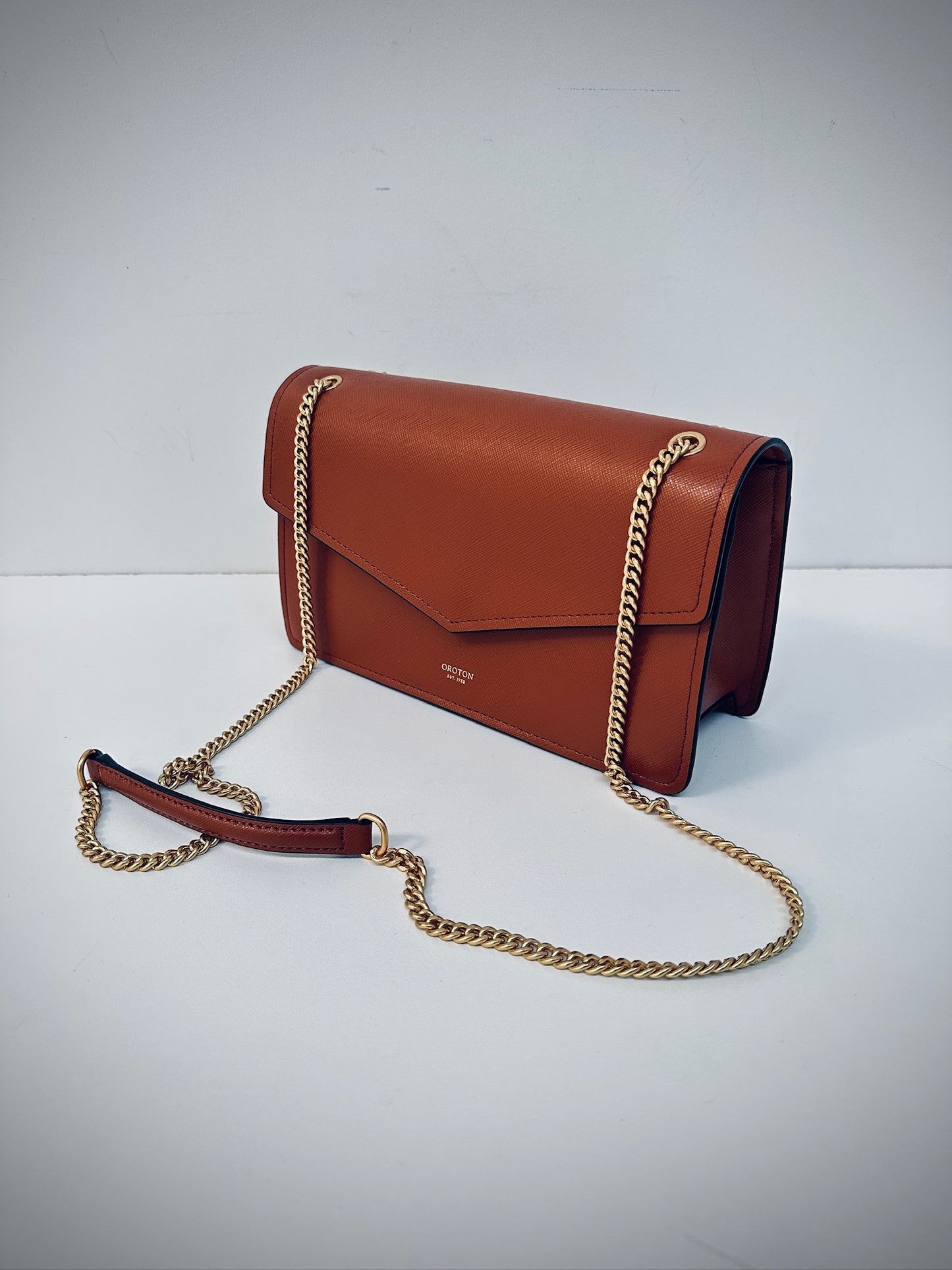 Oroton tan saffiano leather gold chain flap bag