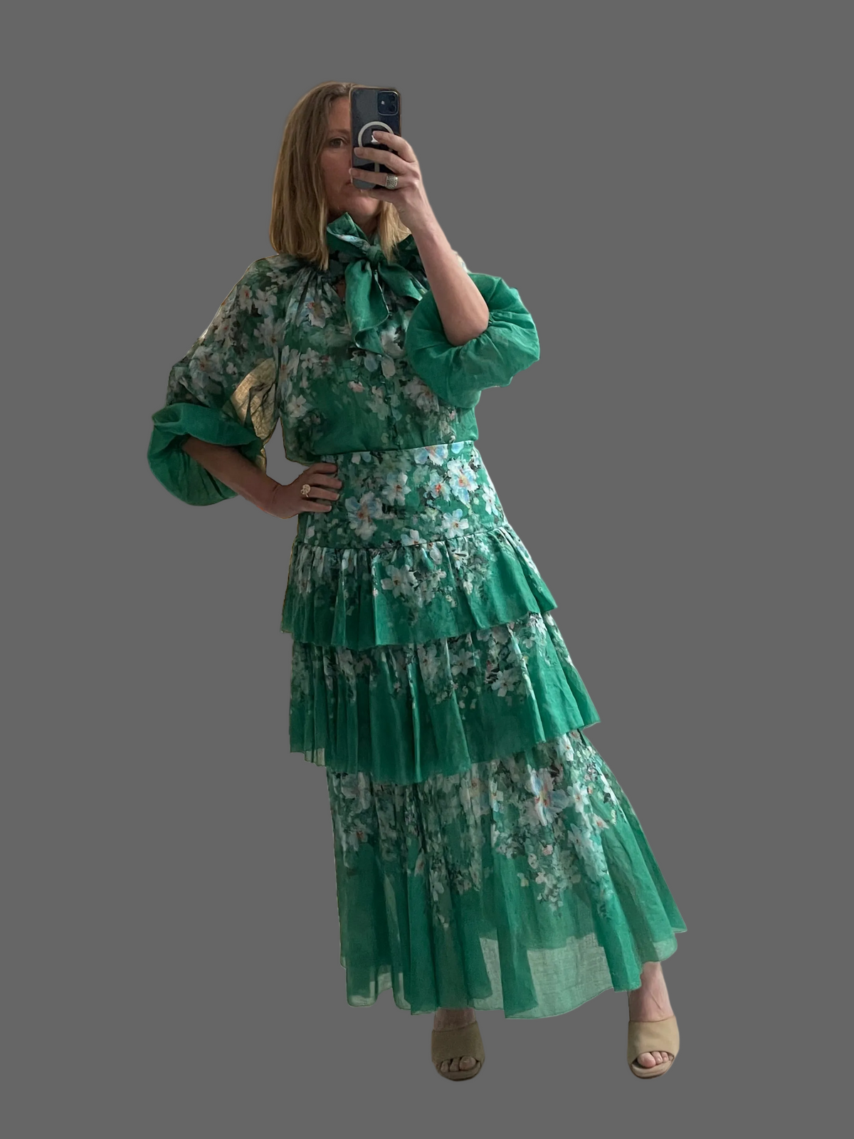 Zimmermann green floral Ramie skirt and blouse set Sz 4 & 3