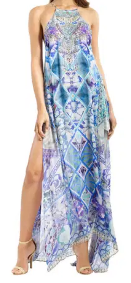 Camilla silk embellished electric dimensions maxi dress size split size X S. Blue.