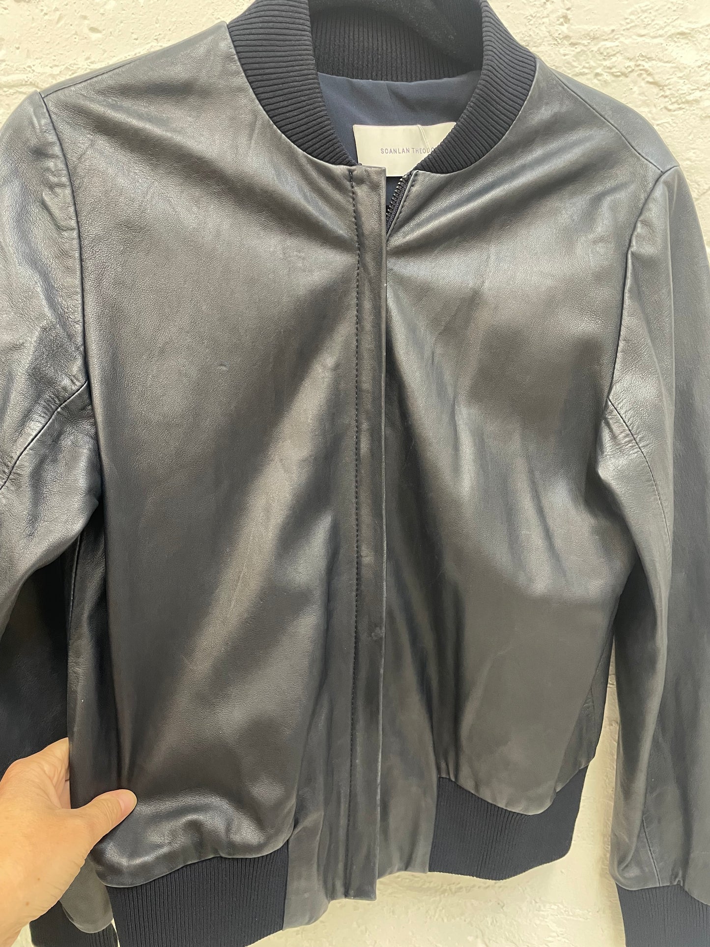 Scanlan Theodore navy blue leather bomber jacket Sz SM