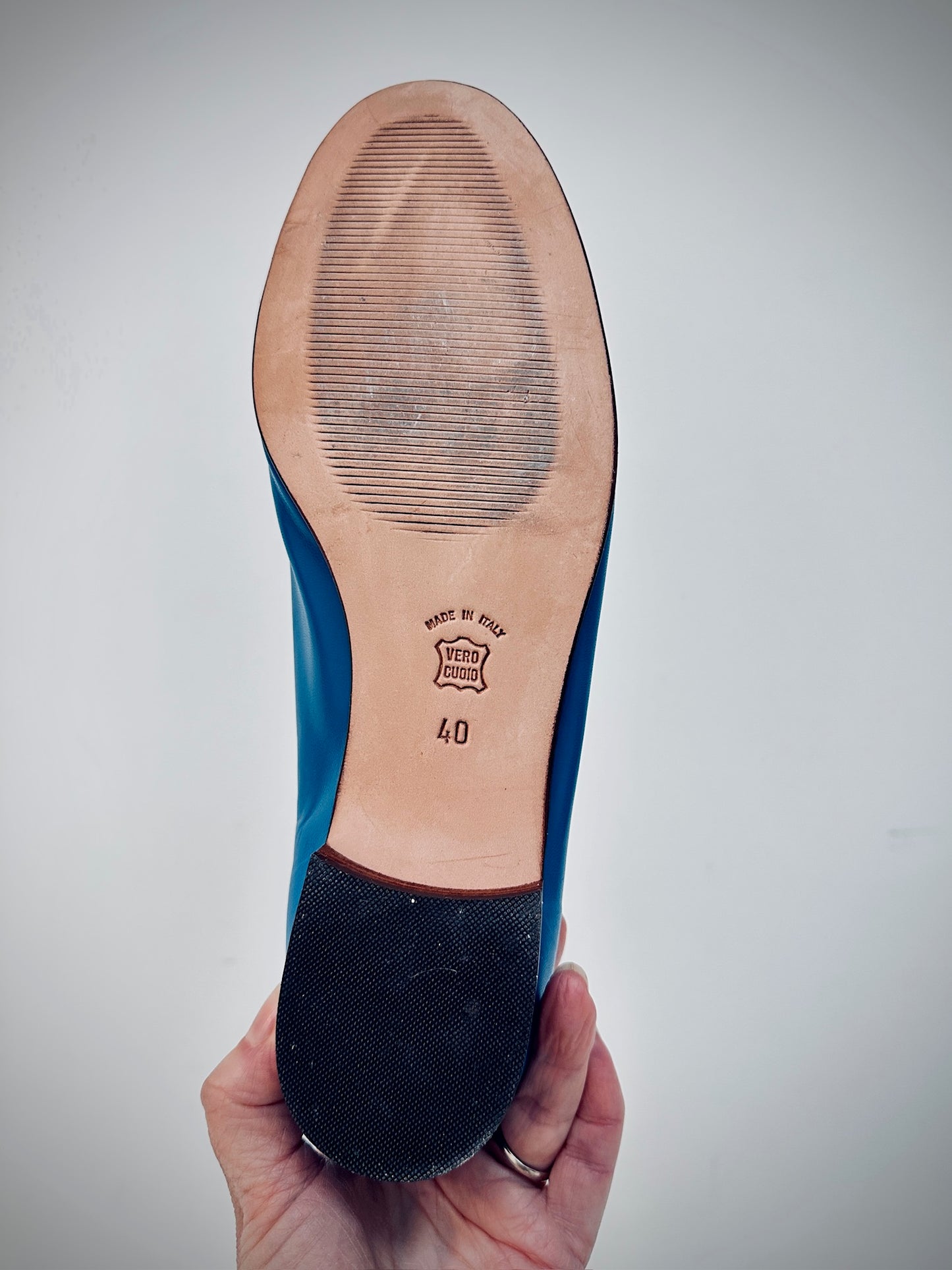 Peacock blue leather Italian made blanket flats 40