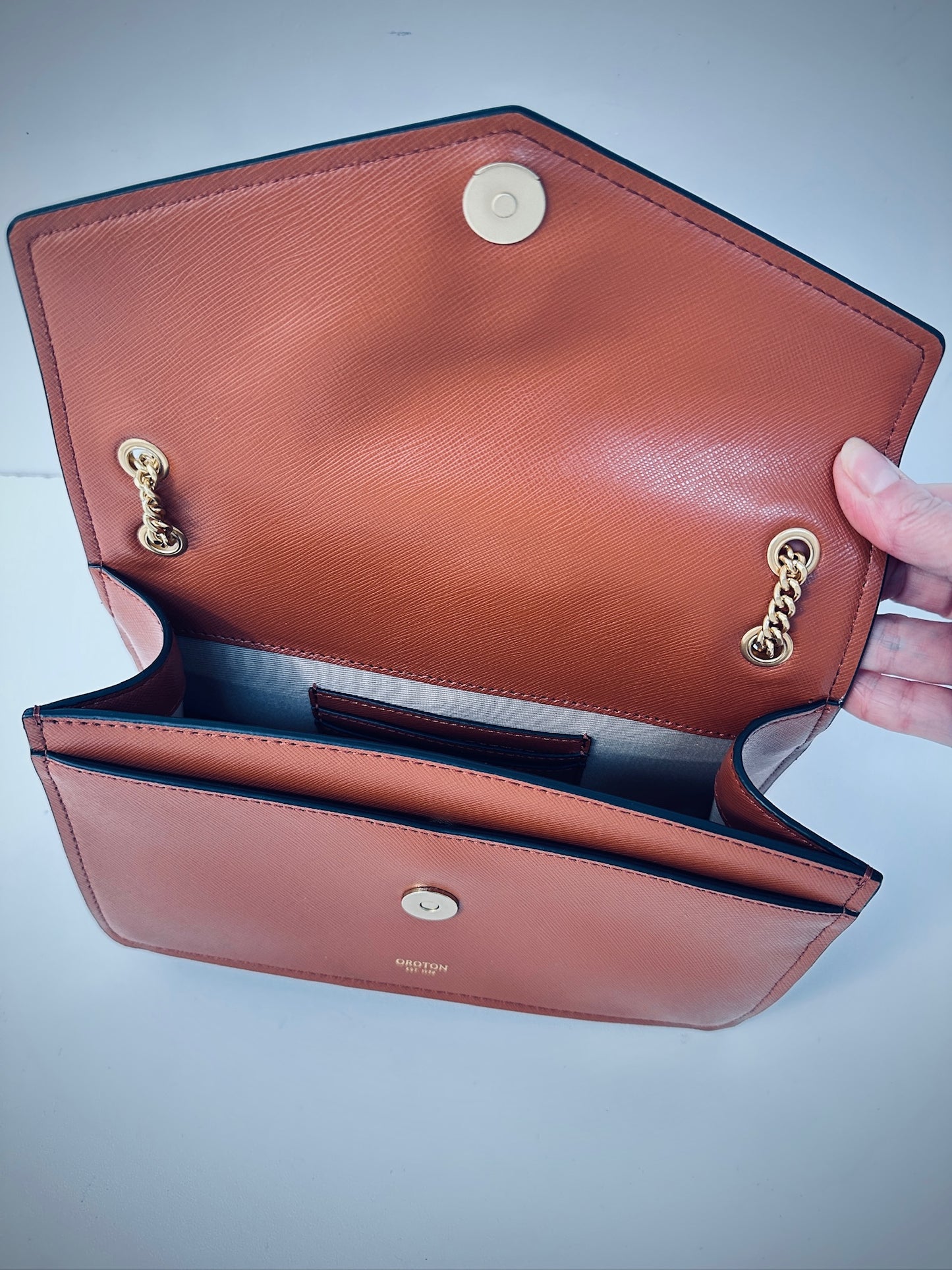 Oroton tan saffiano leather gold chain flap bag