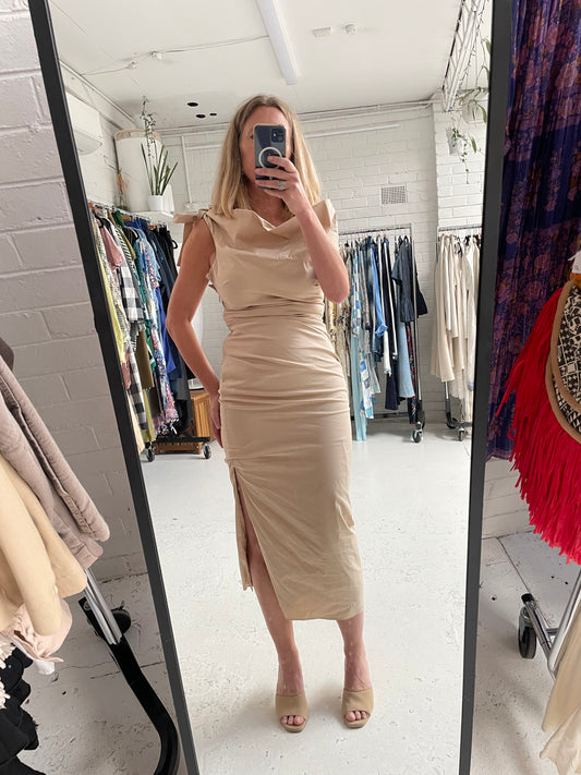 Sir beige ruched midi dress 3 best for a size 10