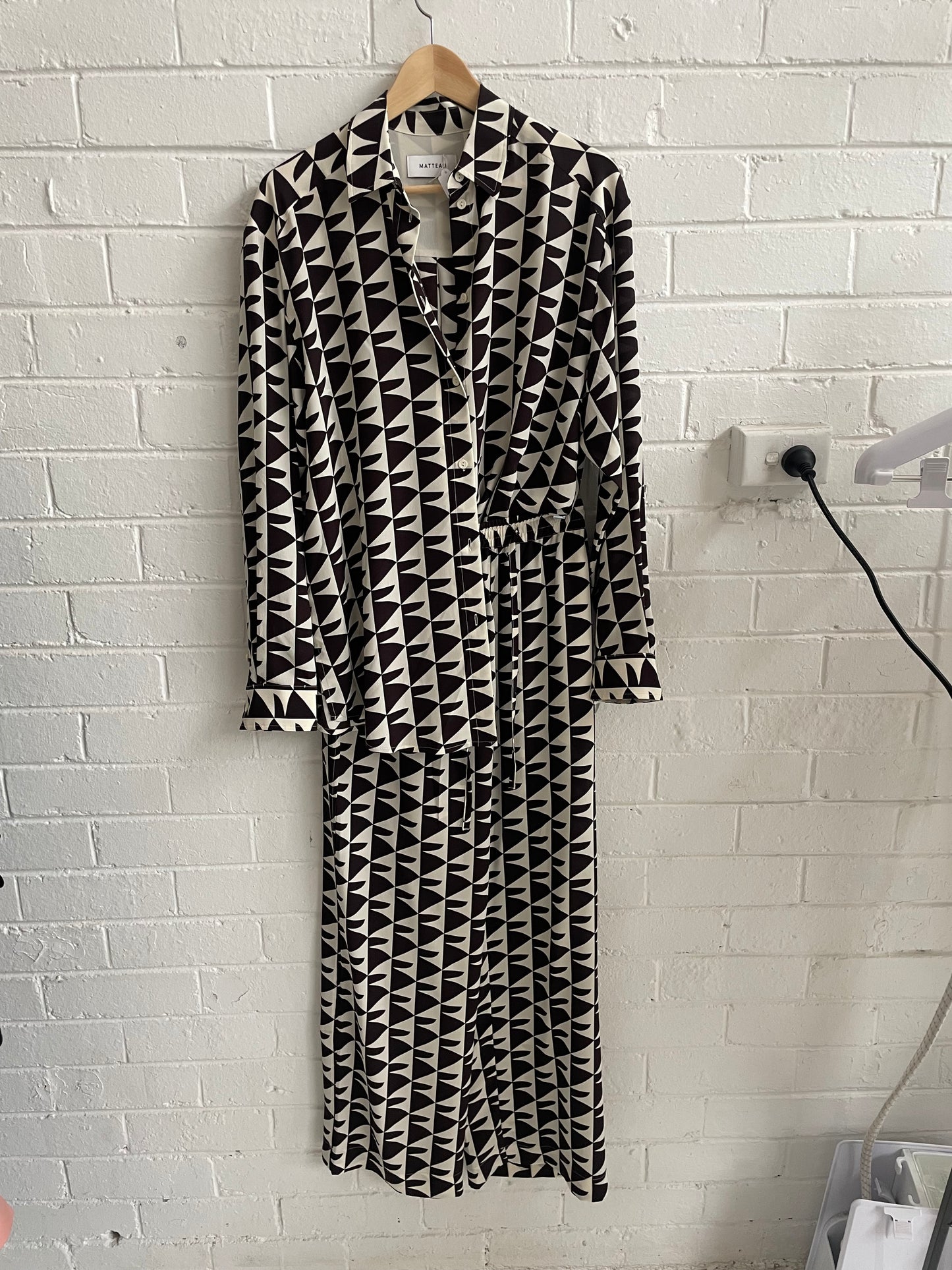 Matteau chocolate brown and ecru  silk long sleeve, geometric pant set. Size 10/8.