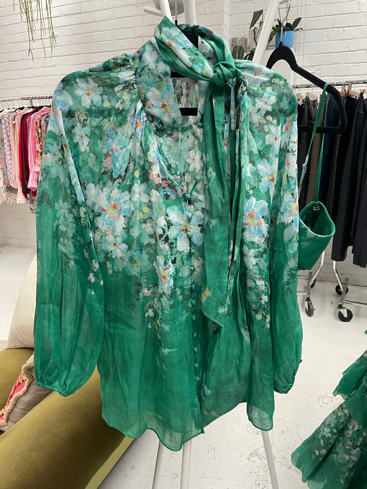 Zimmermann green floral Ramie skirt and blouse set Sz 4 & 3