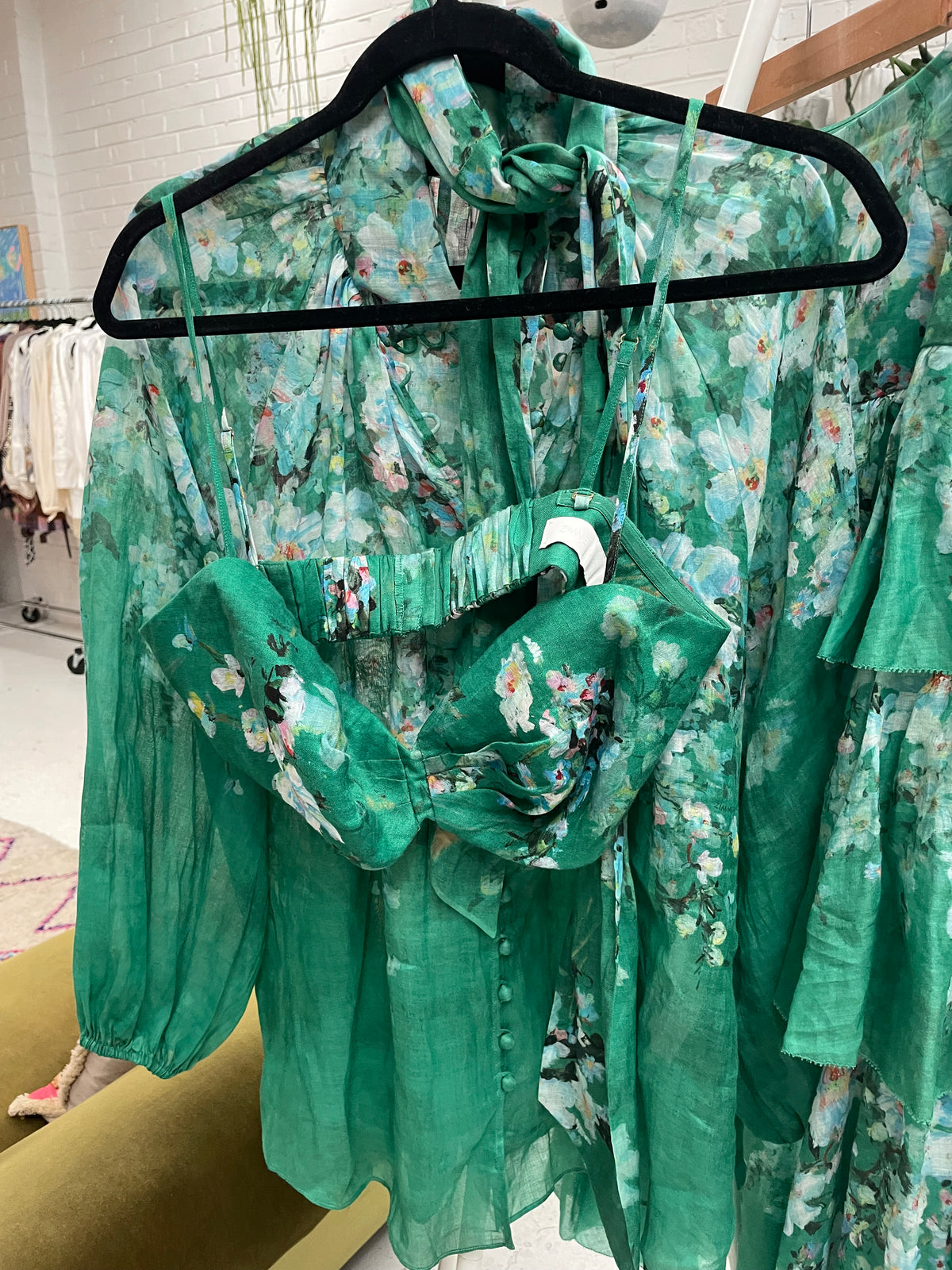 Zimmermann green floral Ramie skirt and blouse set Sz 4 & 3