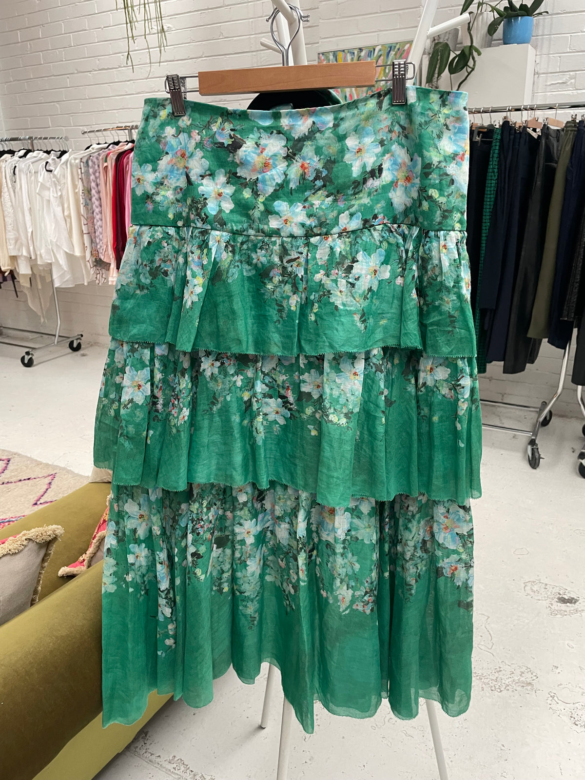 Zimmermann green floral Ramie skirt and blouse set Sz 4 & 3