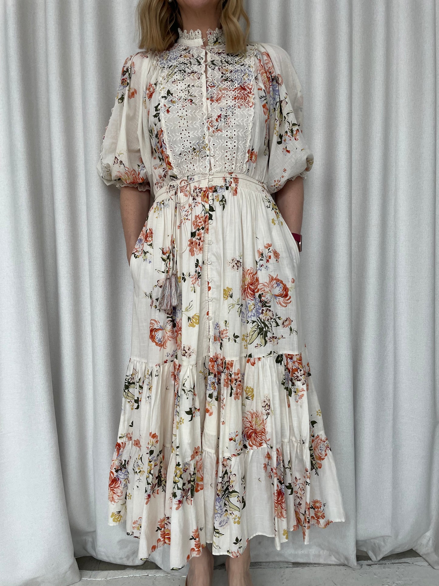 By Timo cotton floral broderie detail maxi dress sz M