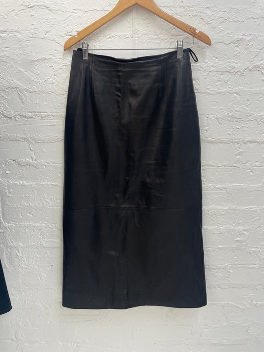 Black leather Scanlan Theodore midi pencil skirt Sz 10