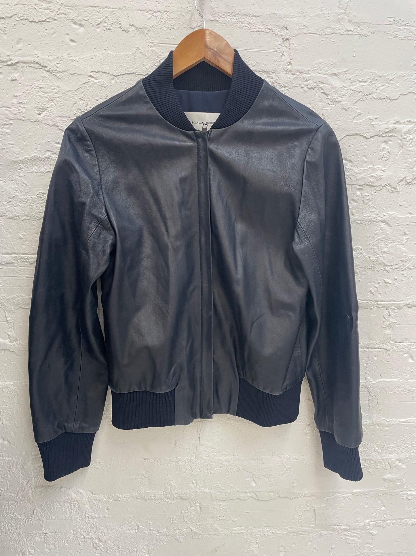 Scanlan Theodore navy blue leather bomber jacket Sz SM