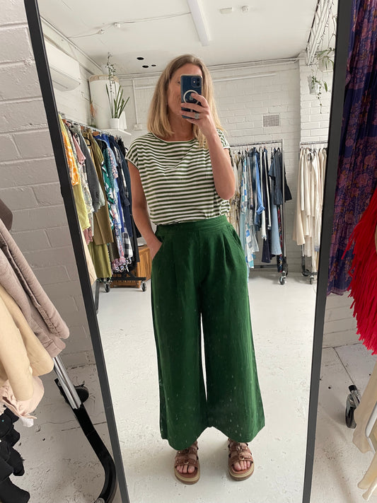 Elk bottle green wide leg drawstring linen pants 12