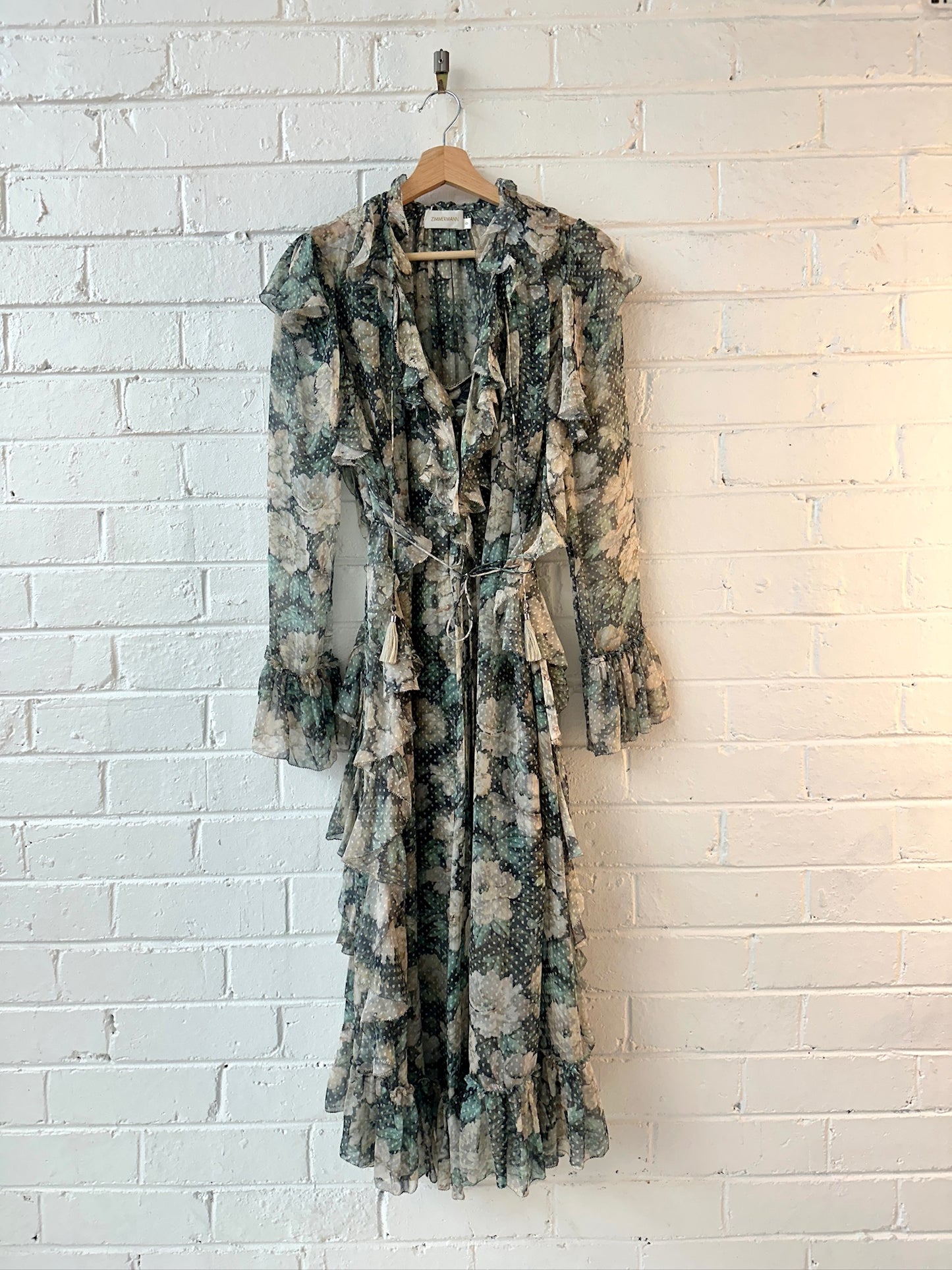 Zimmermann silk sheer ruffle bowerbird floral midi dress sz 0