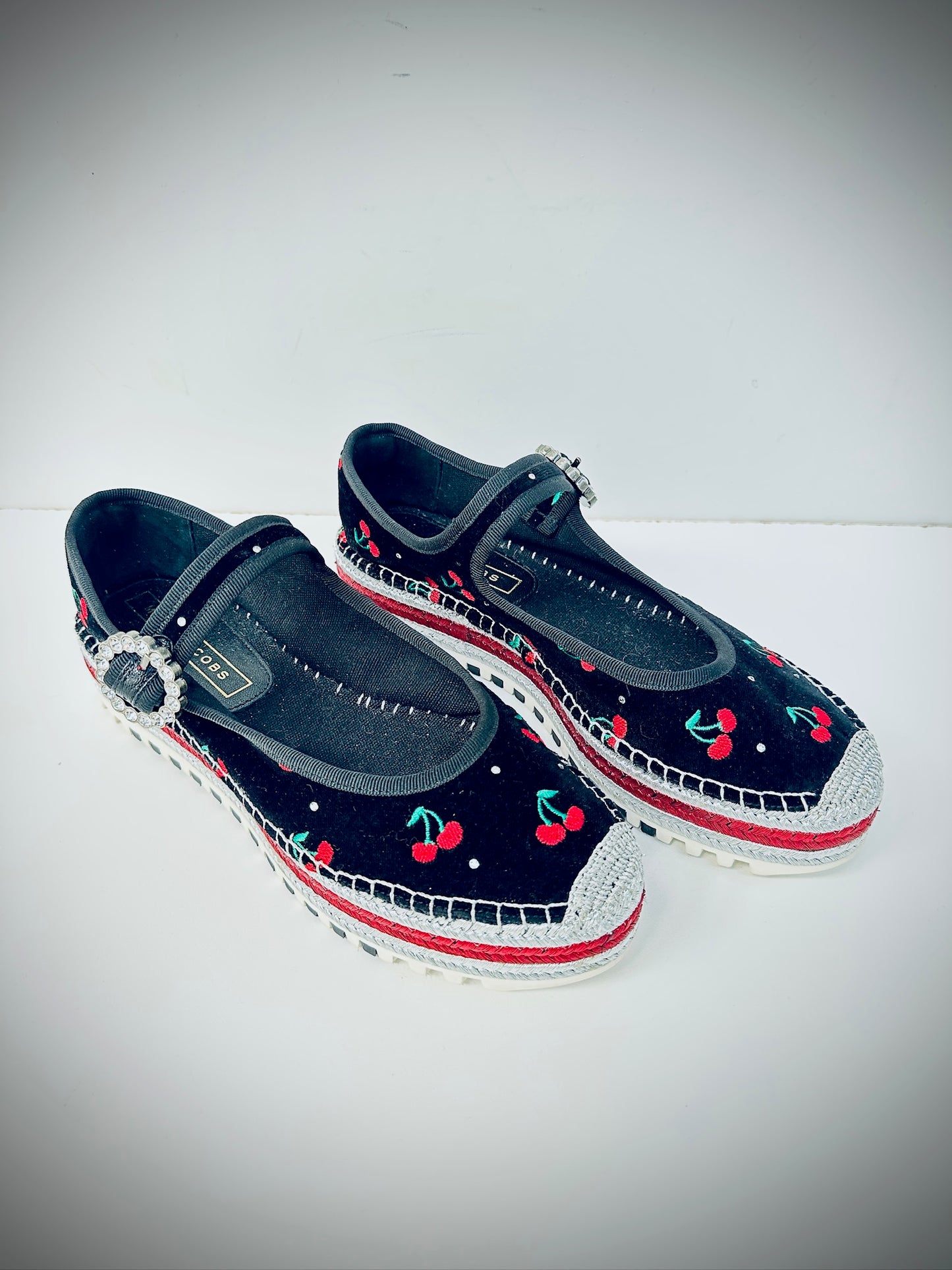 Marc Jacobs black velvet Mary Jane’s cherry print like new 41