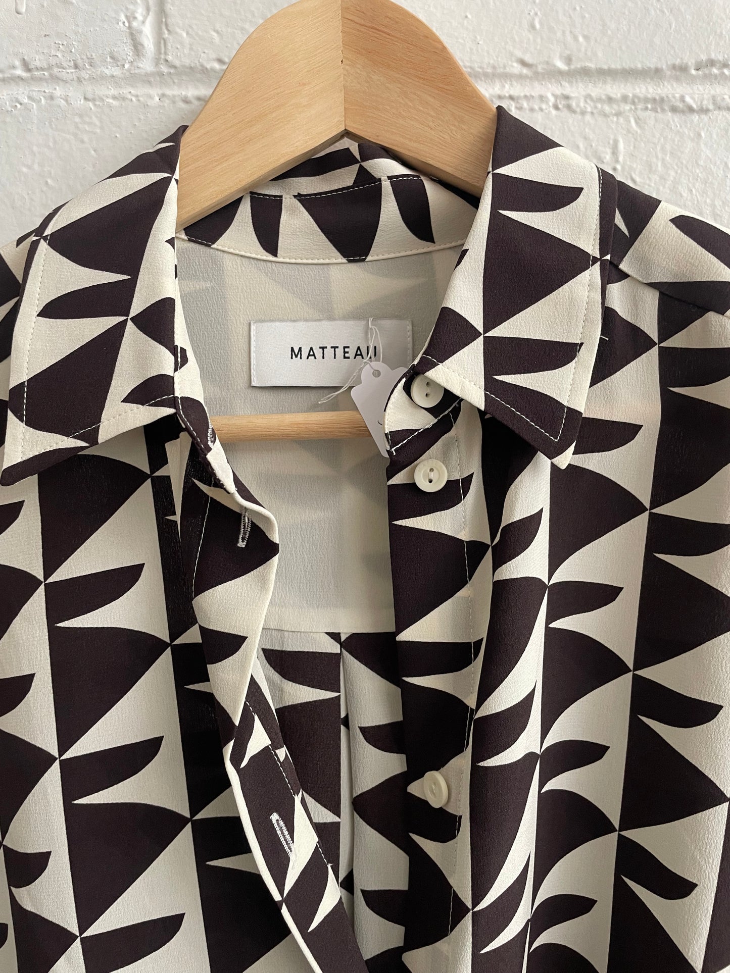Matteau chocolate brown and ecru  silk long sleeve, geometric pant set. Size 10/8.