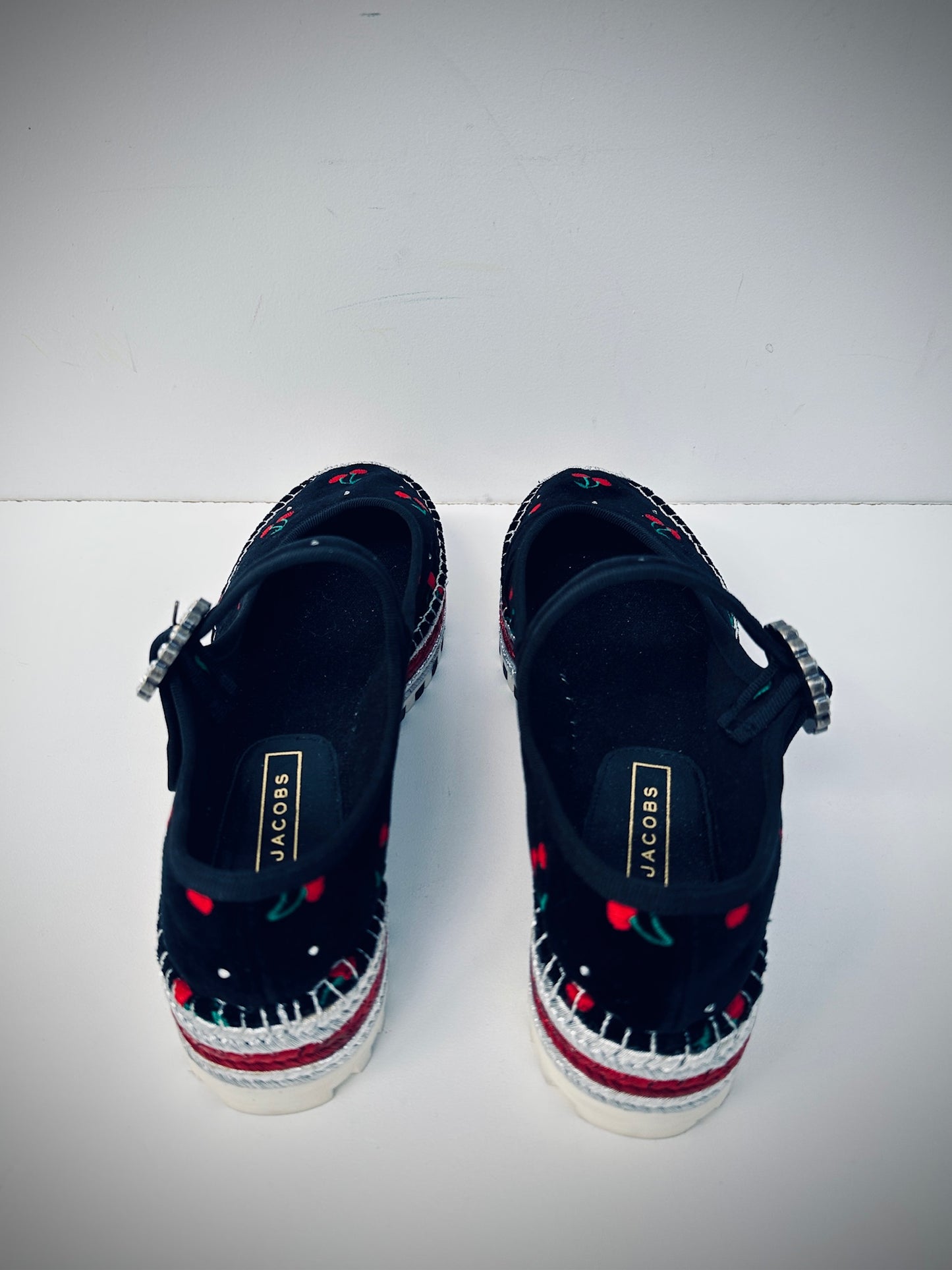 Marc Jacobs black velvet Mary Jane’s cherry print like new 41
