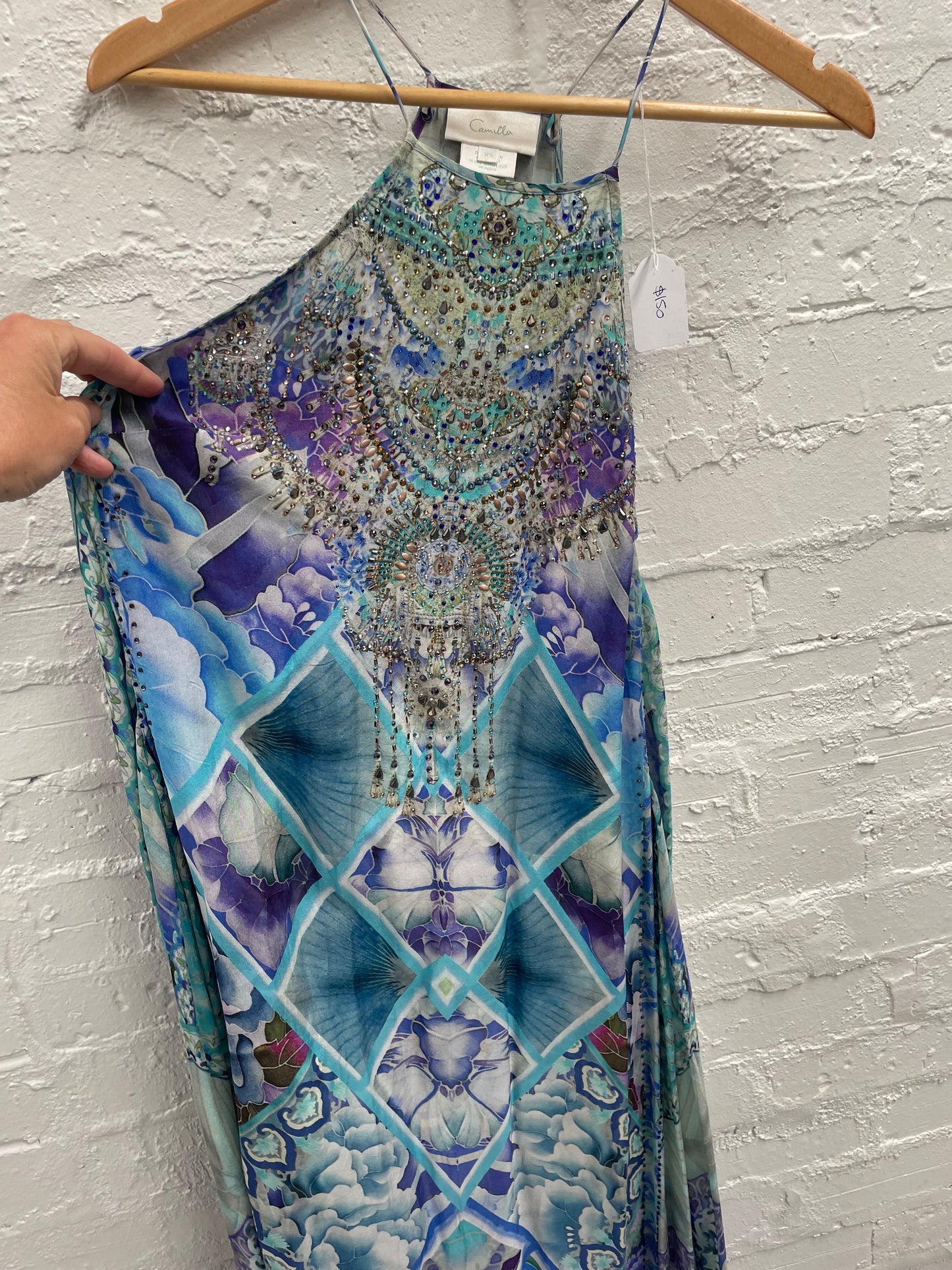 Camilla silk embellished electric dimensions maxi dress size split size X S. Blue.