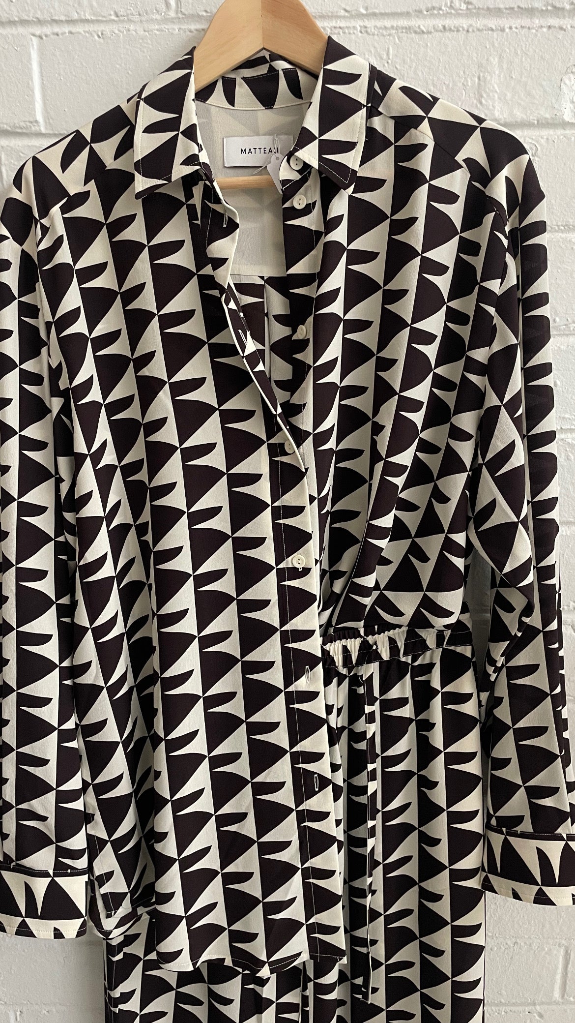Matteau chocolate brown and ecru  silk long sleeve, geometric pant set. Size 10/8.