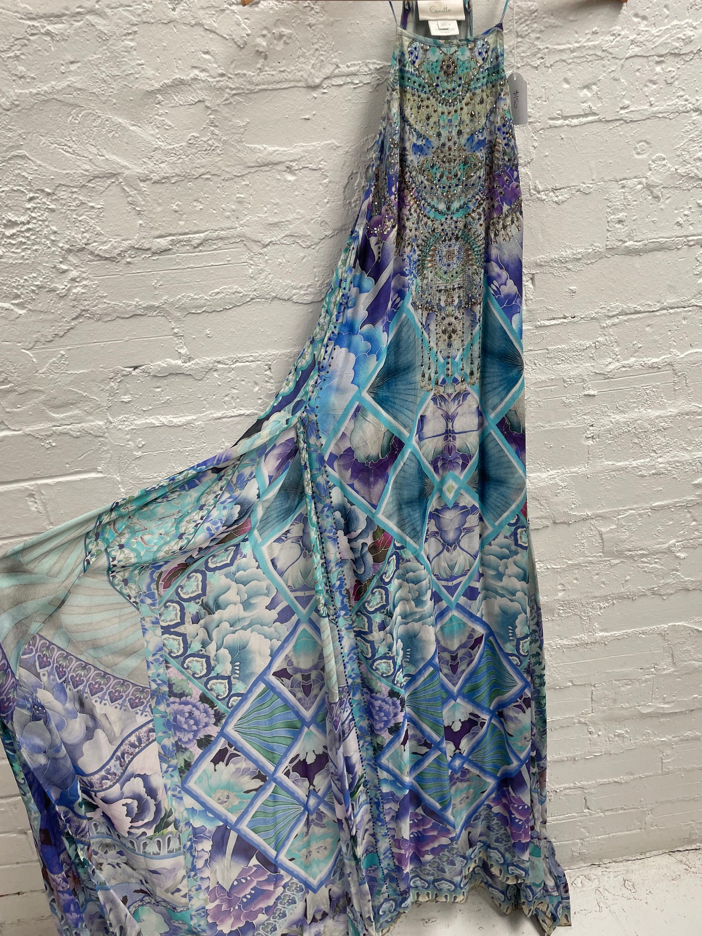 Camilla silk embellished electric dimensions maxi dress size split size X S. Blue.